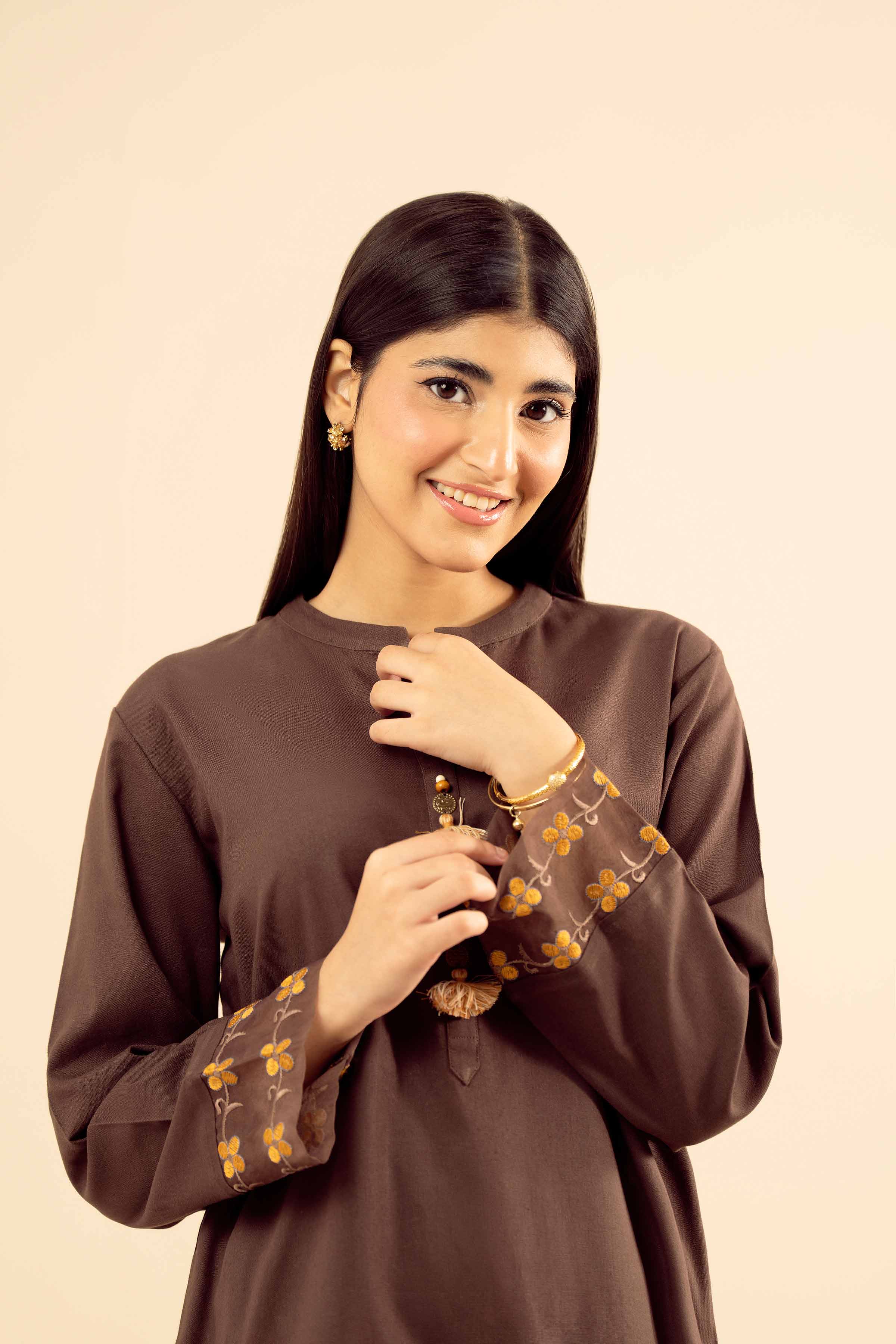 NishatUK - Brown Embroidered Cotton 2-piece ready to wear Dress