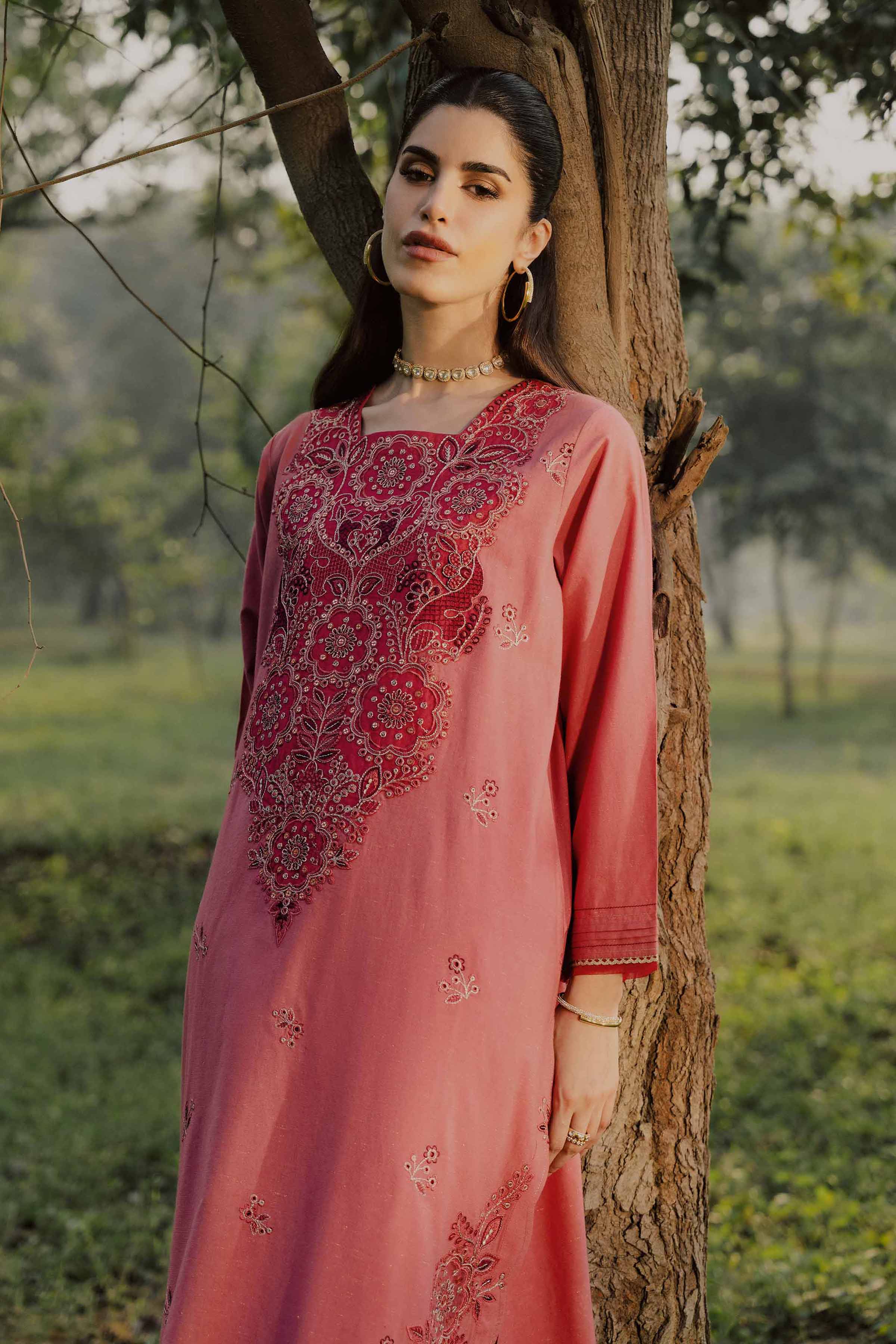 NishatUK - Pink Embroidered Slub 2-piece ready to wear Dress