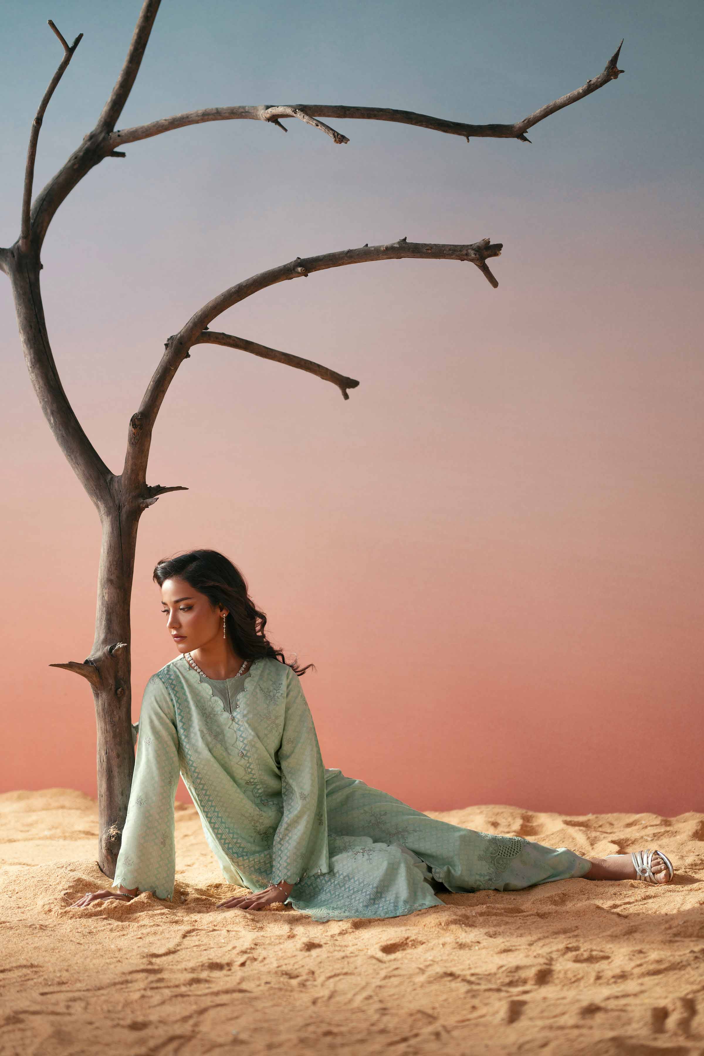 NishatUK - Green Embroidered Glitter Slub 2-piece ready to wear Dress