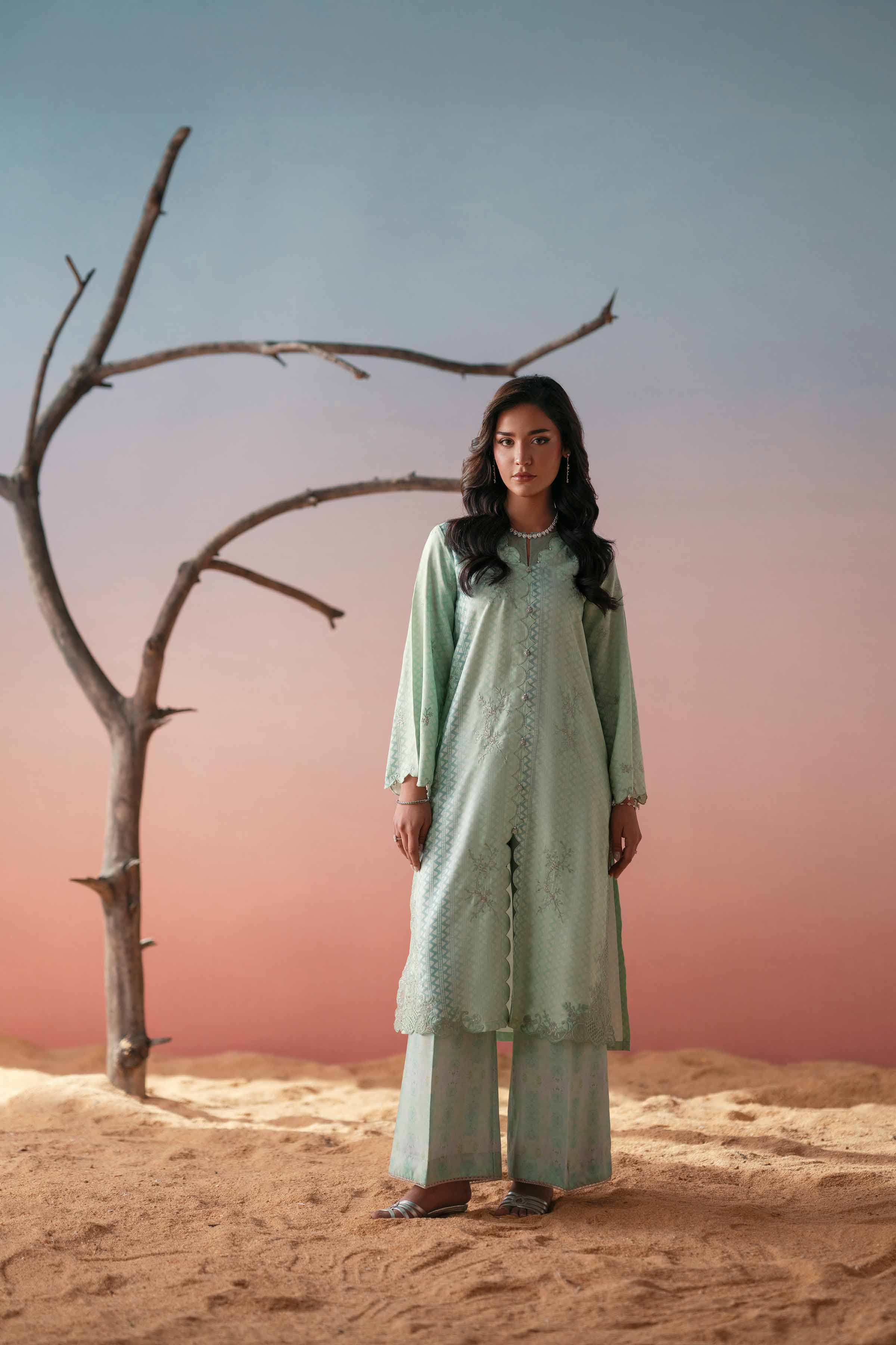 NishatUK - Green Embroidered Glitter Slub 2-piece ready to wear Dress