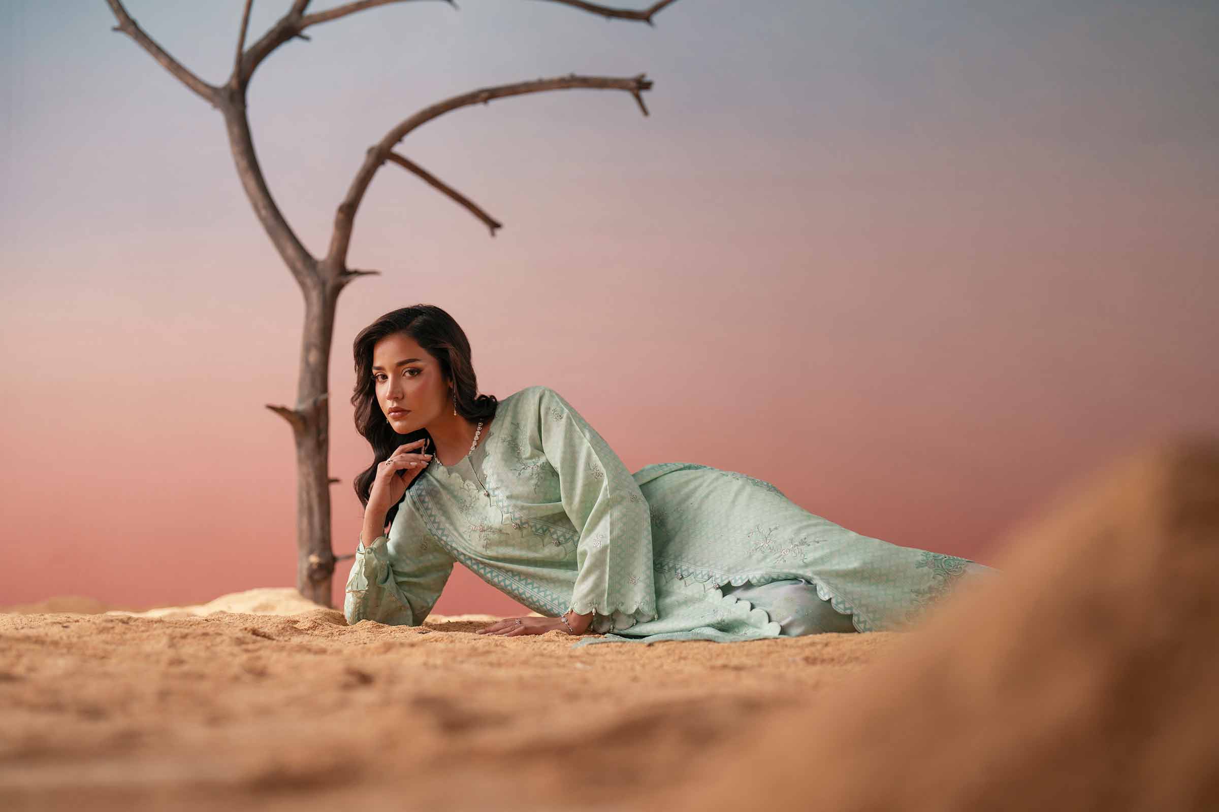 NishatUK - Green Embroidered Glitter Slub 2-piece ready to wear Dress