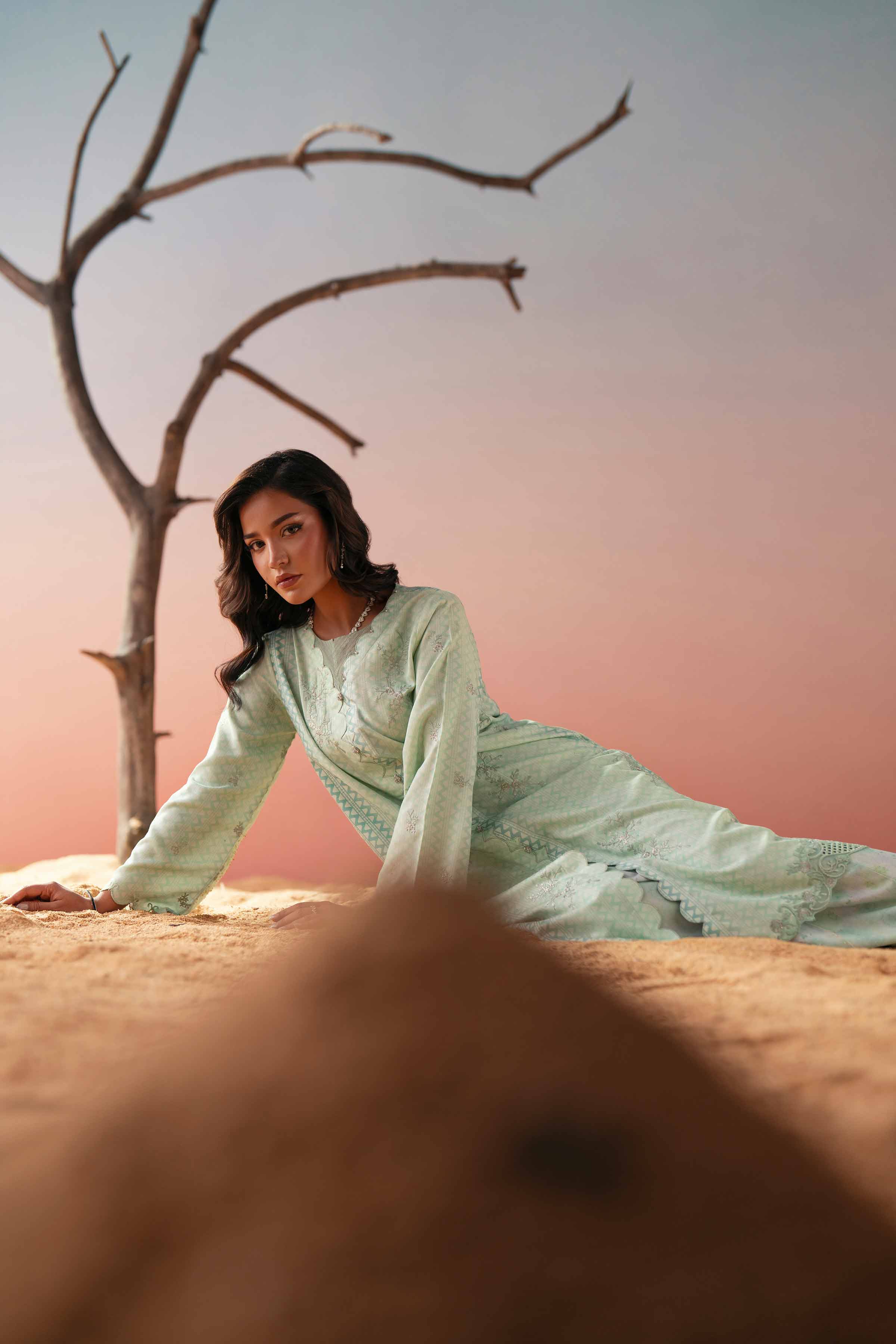 NishatUK - Green Embroidered Glitter Slub 2-piece ready to wear Dress