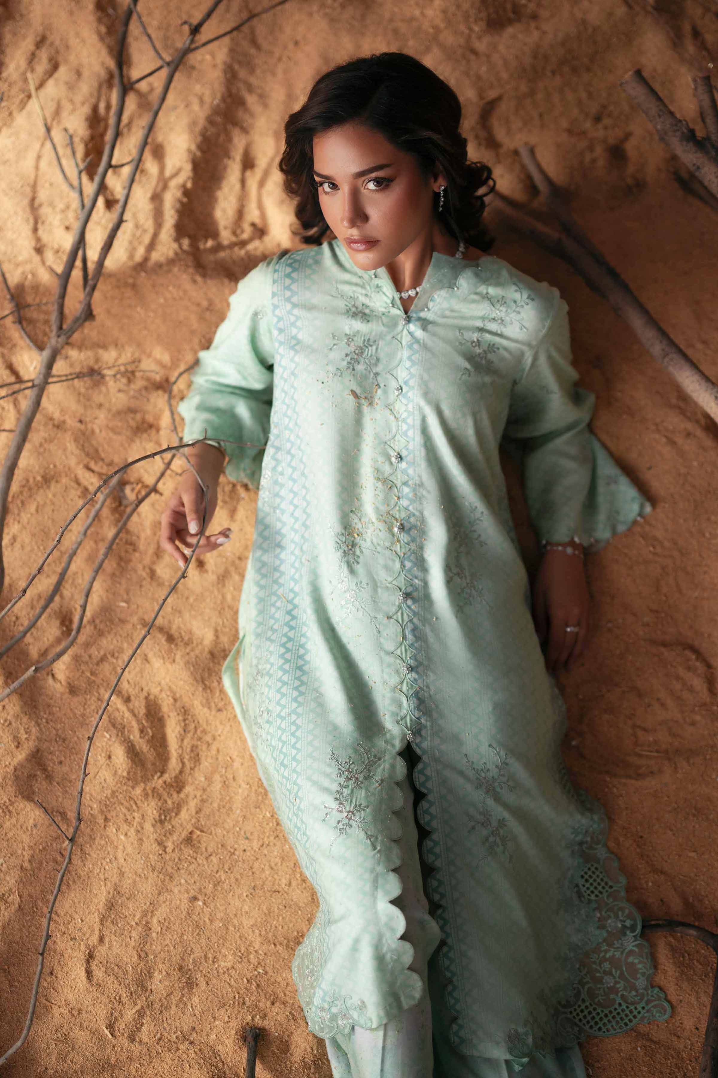 NishatUK - Green Embroidered Glitter Slub 2-piece ready to wear Dress