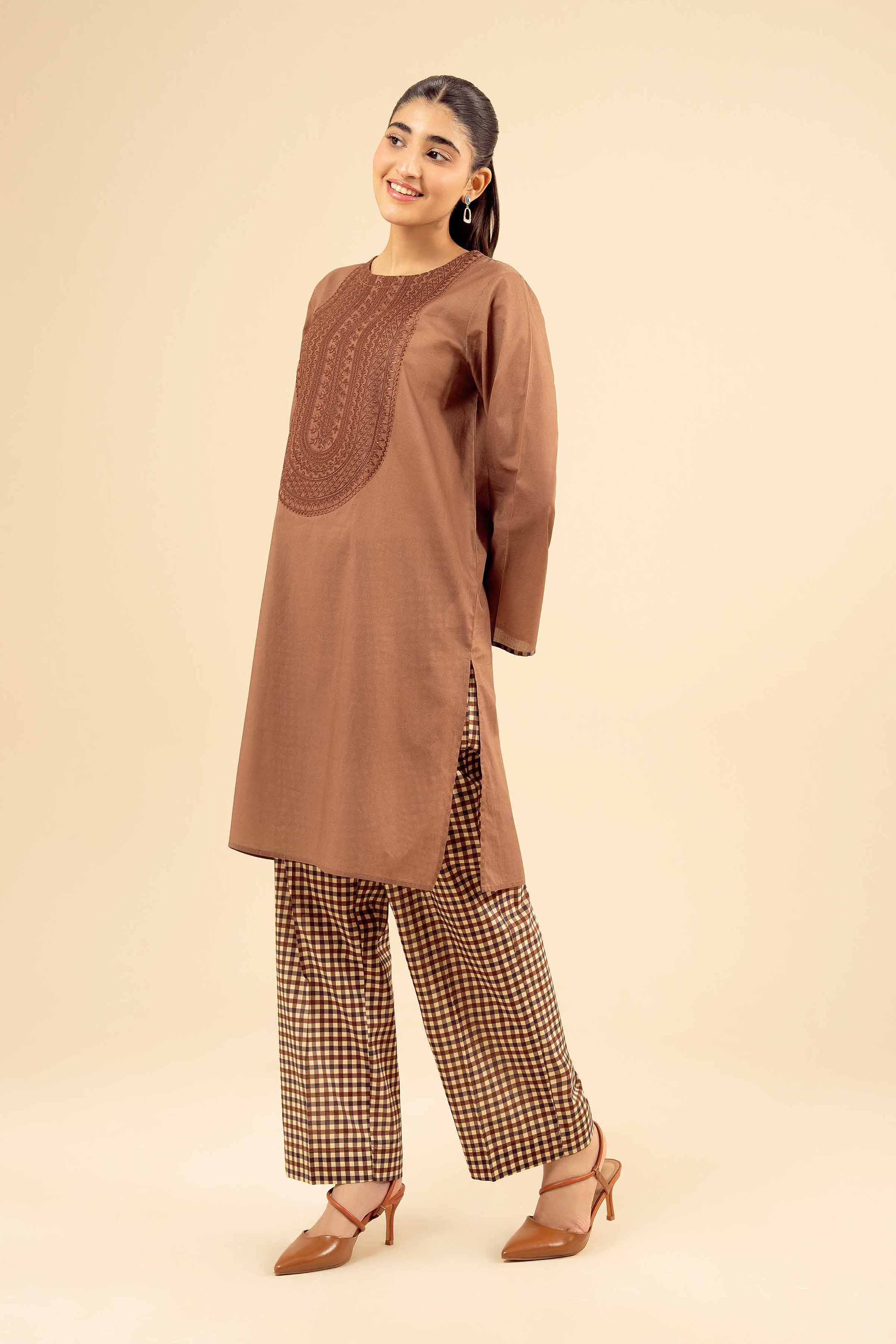 NishatUK - Brown Embroidered Cambric 2-piece ready to wear Dress