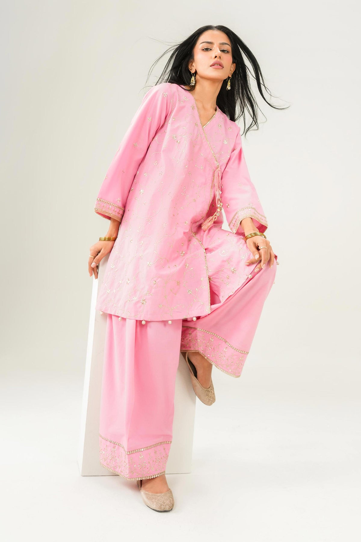 Nishat UK - Pink Embroidered Gold Slub 2 Pieces ready to wear Dress