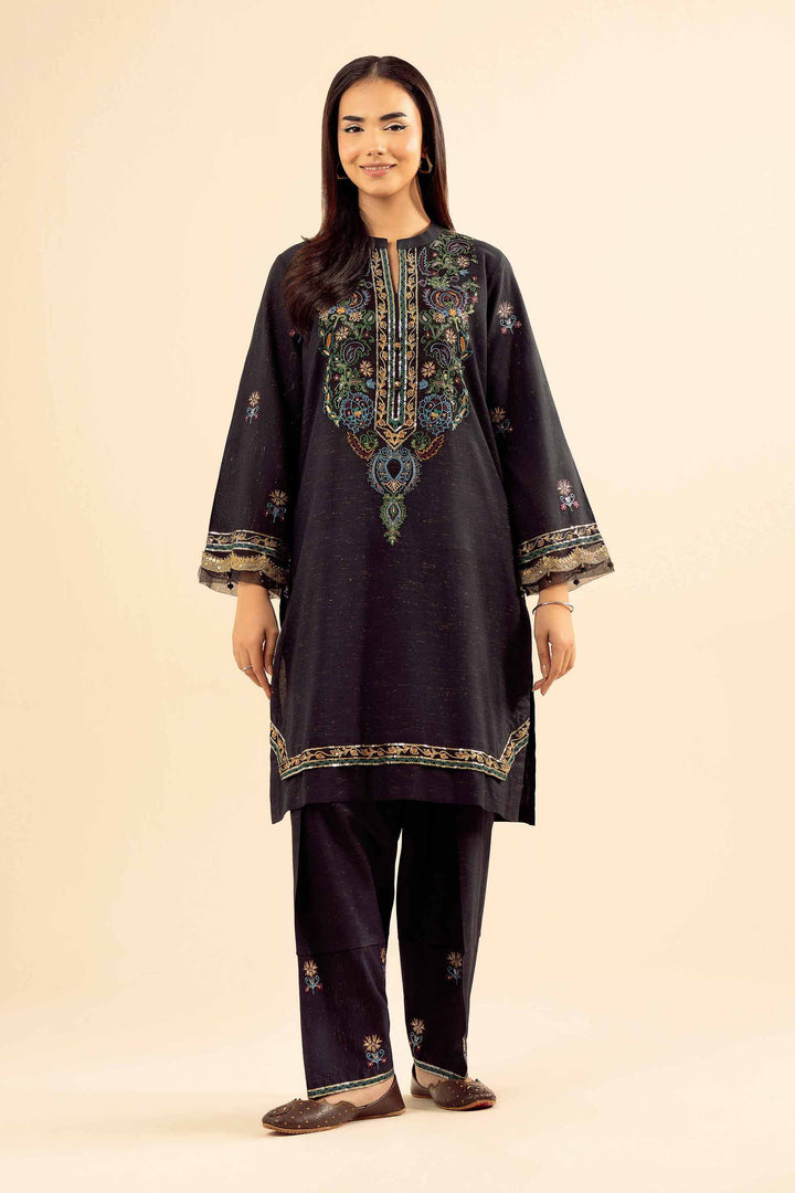 NishatUK - Black Embroidered Slub 2-piece ready to wear Dress