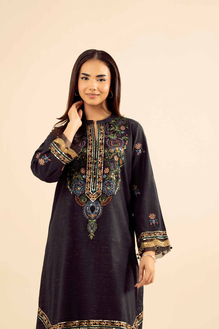 NishatUK - Black Embroidered Slub 2-piece ready to wear Dress