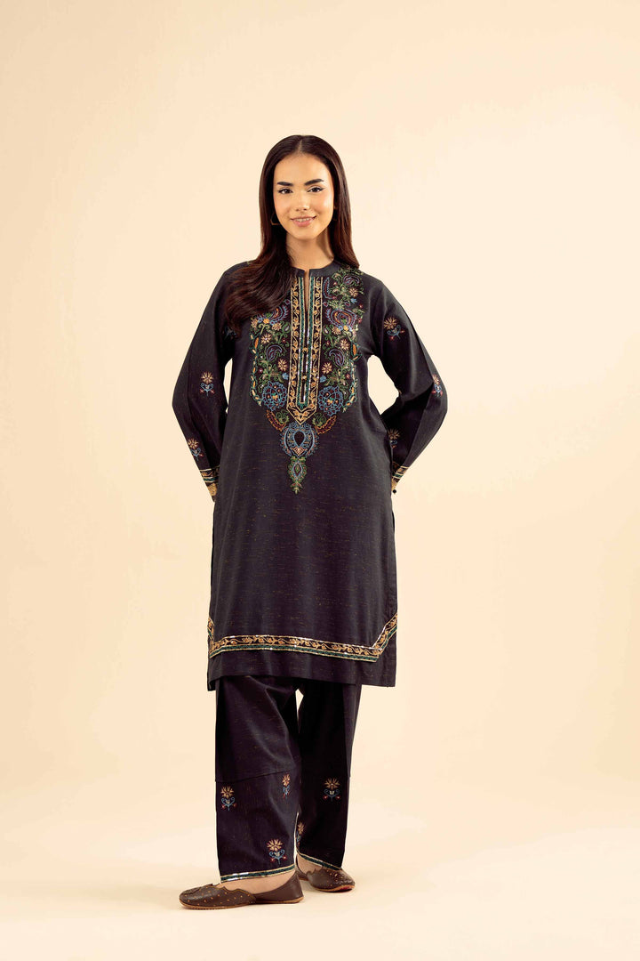 NishatUK - Black Embroidered Slub 2-piece ready to wear Dress