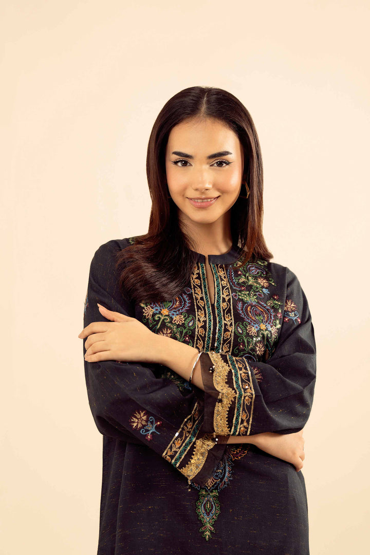 NishatUK - Black Embroidered Slub 2-piece ready to wear Dress