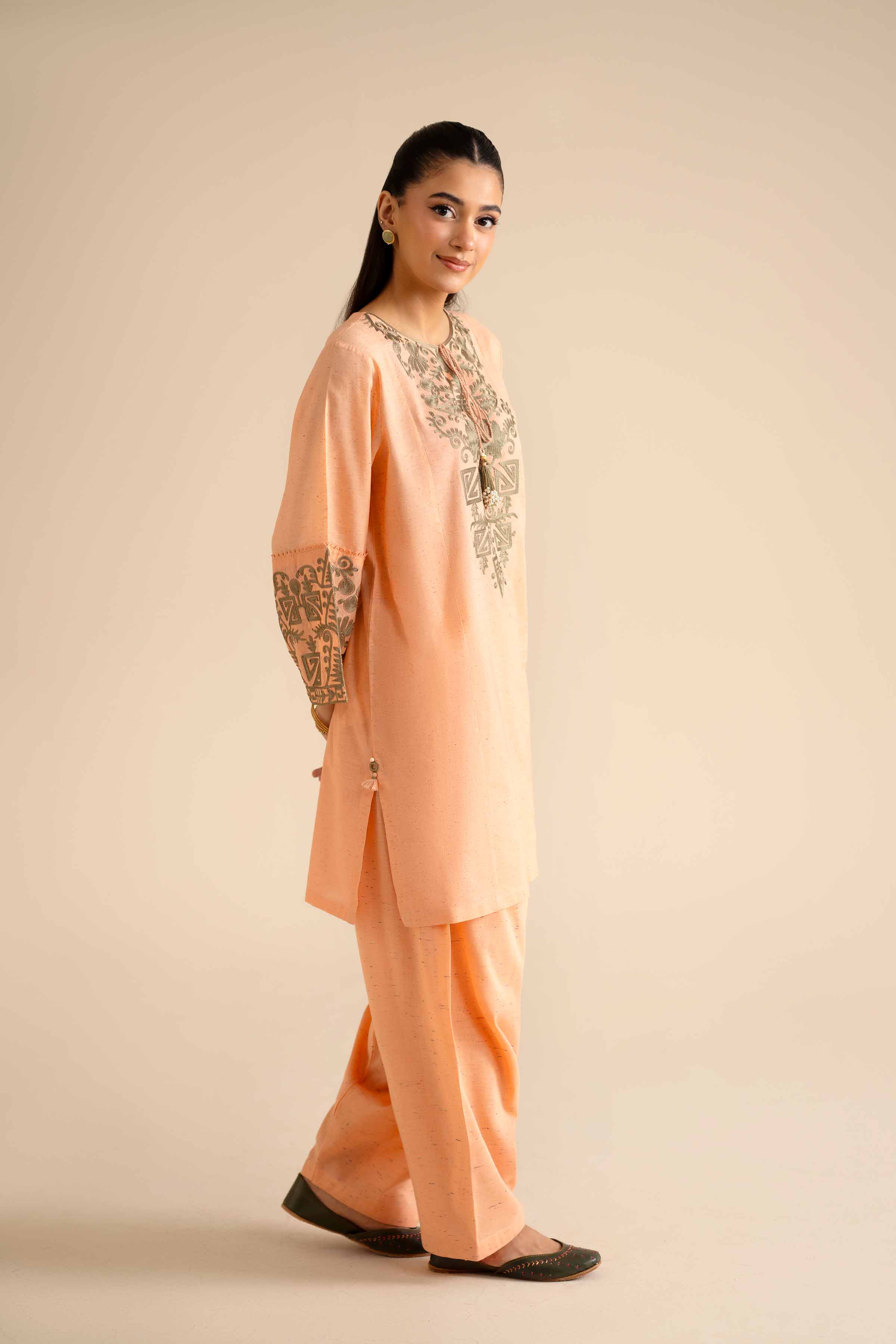 NishatUK - Peach Embroidered Khaddar 2-piece ready to wear Dress