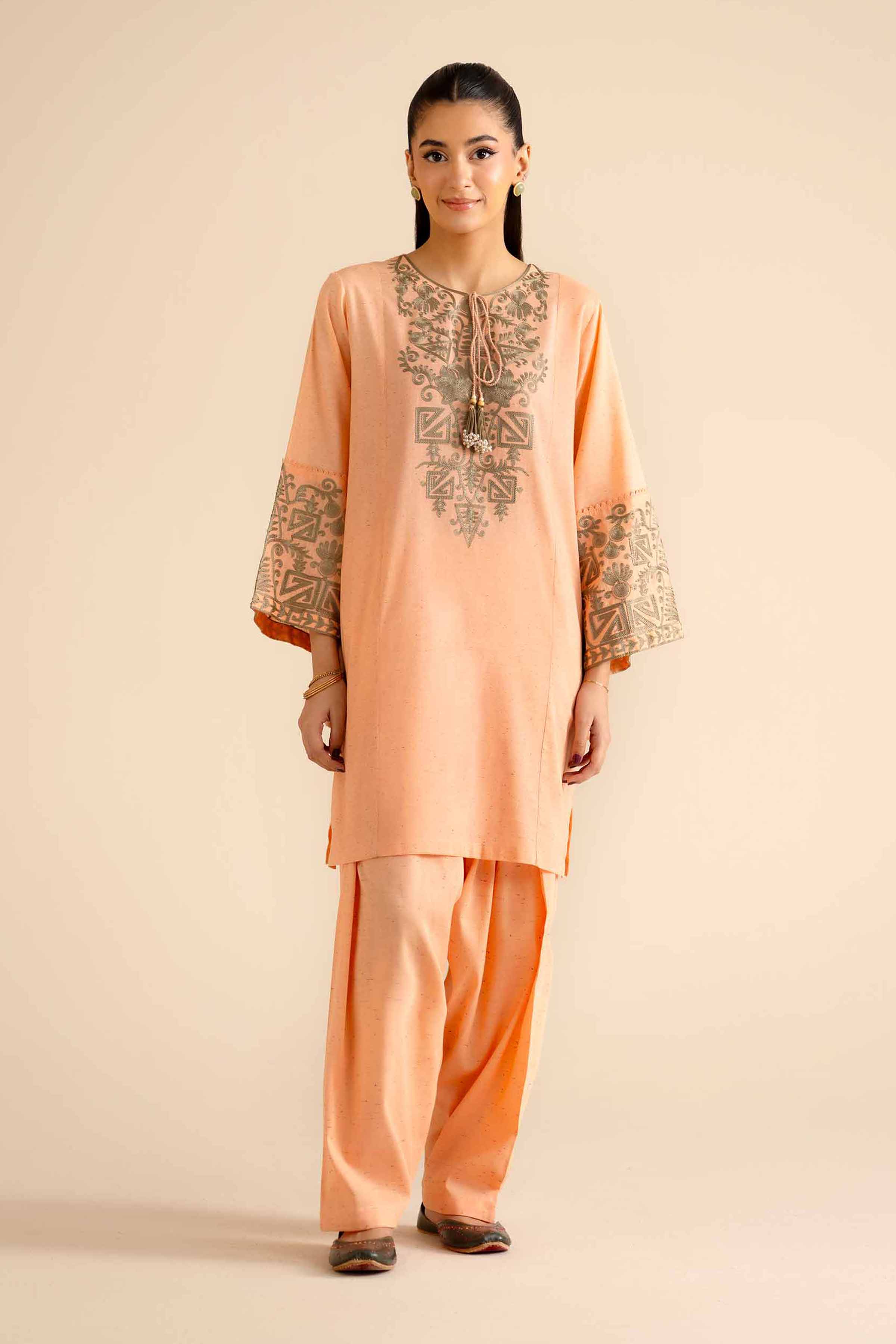 NishatUK - Peach Embroidered Khaddar 2-piece ready to wear Dress