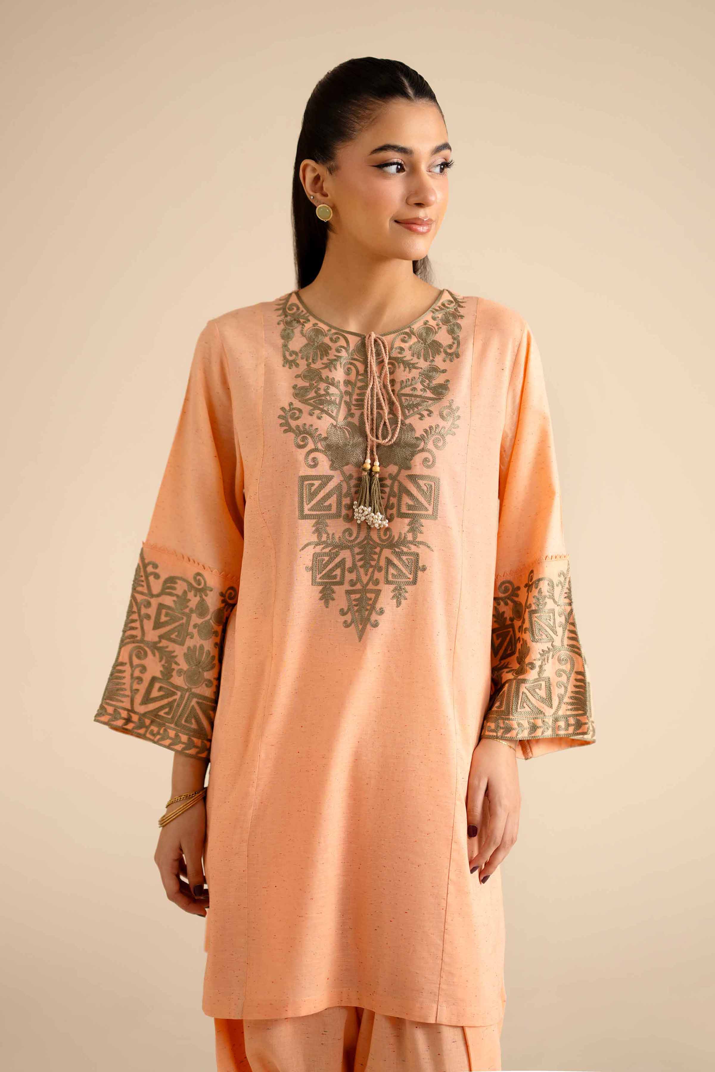 NishatUK - Peach Embroidered Khaddar 2-piece ready to wear Dress