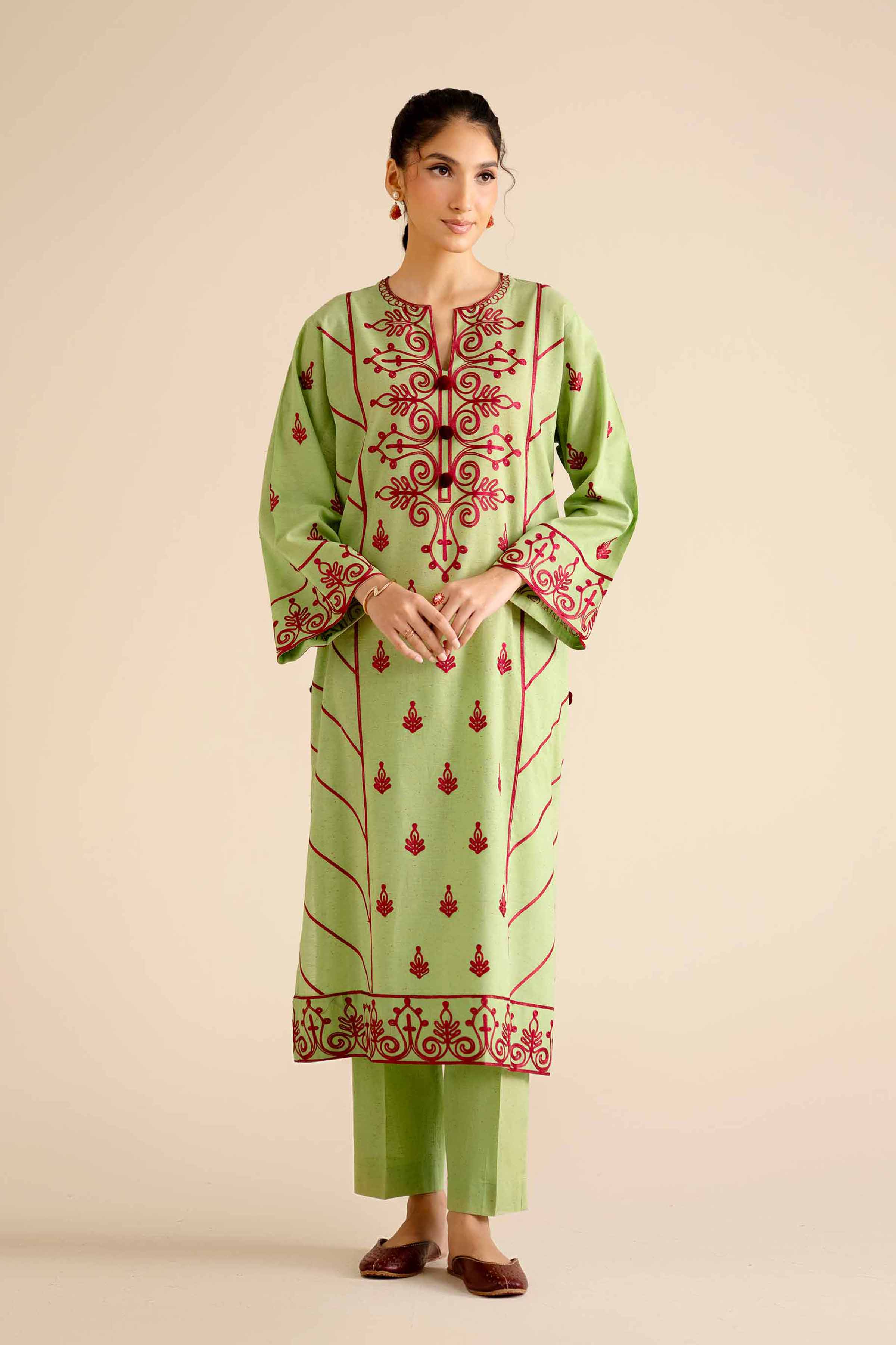 NishatUK - Parrot Green Embroidered  Khaddar 2-piece ready to wear Dress