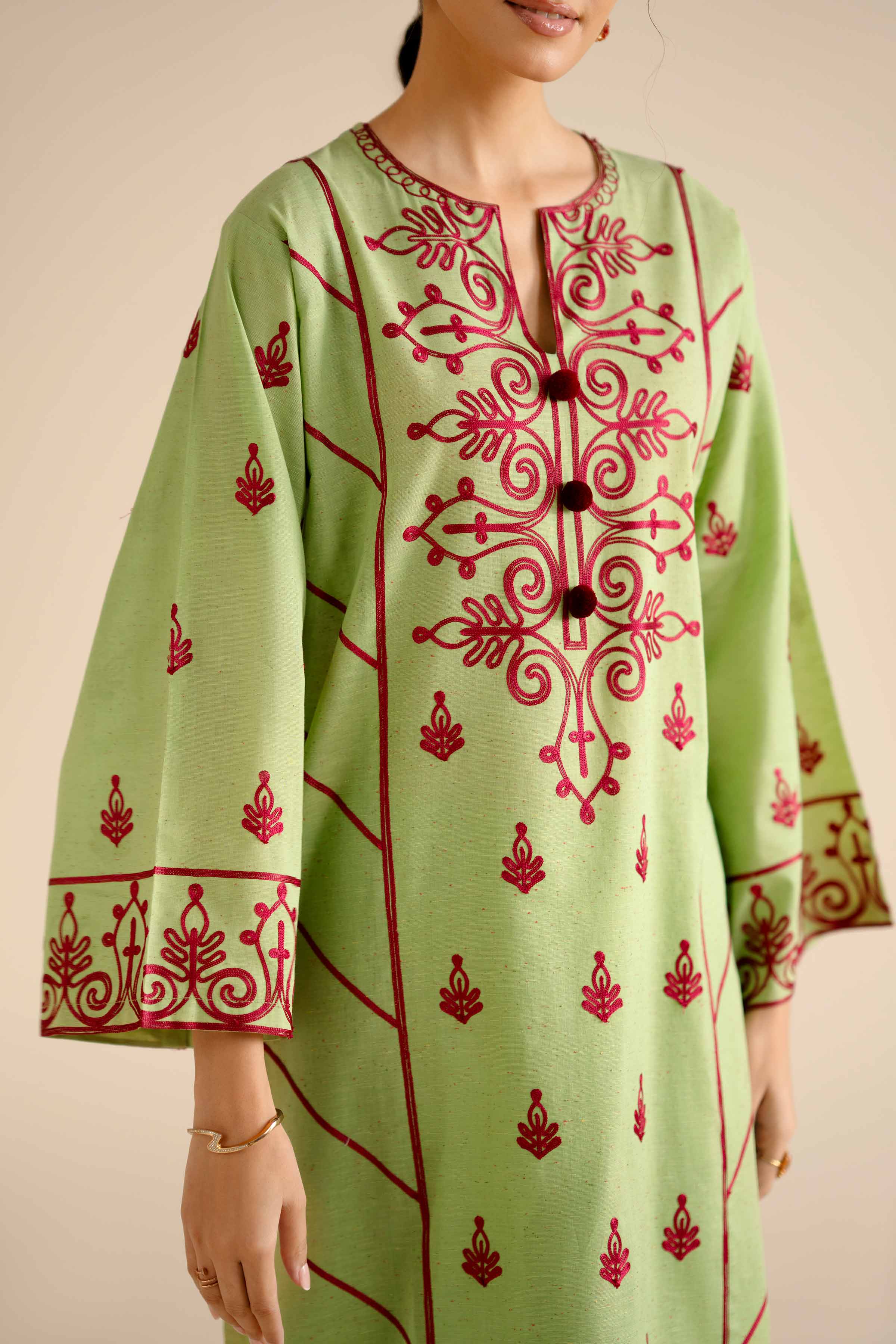 NishatUK - Parrot Green Embroidered  Khaddar 2-piece ready to wear Dress