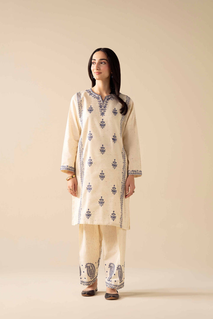 NishatUK - White Embroidered Khaddar 2-piece ready to wear Dress