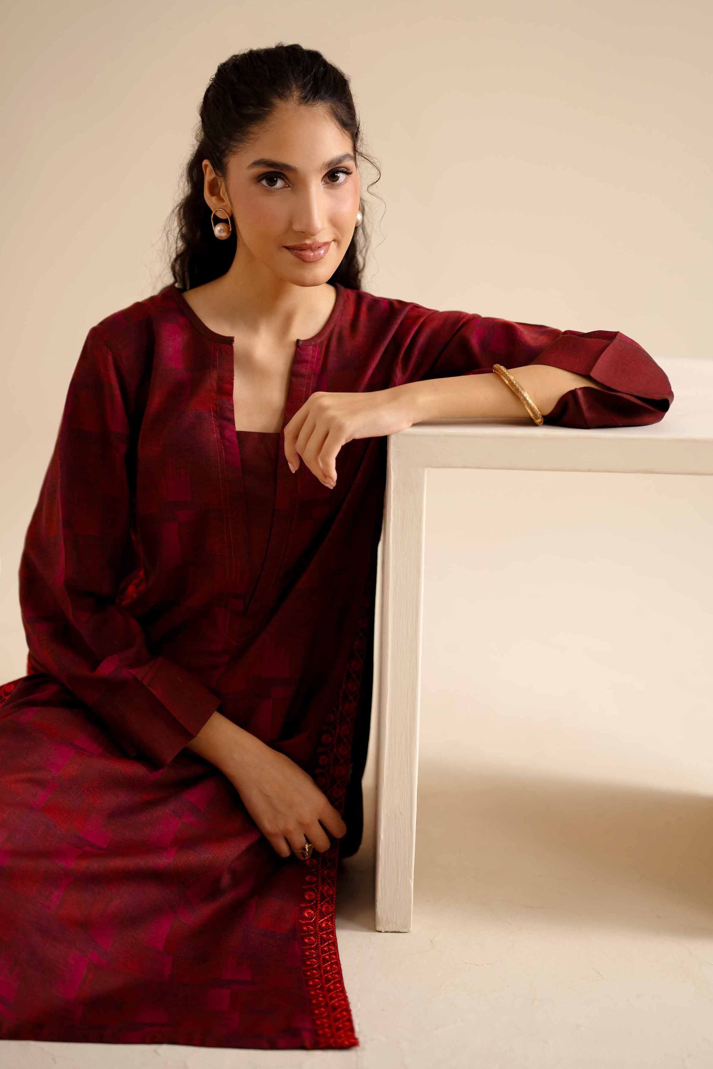 NishatUK - Maroon Solids Jamawar 2-piece ready to wear Dress