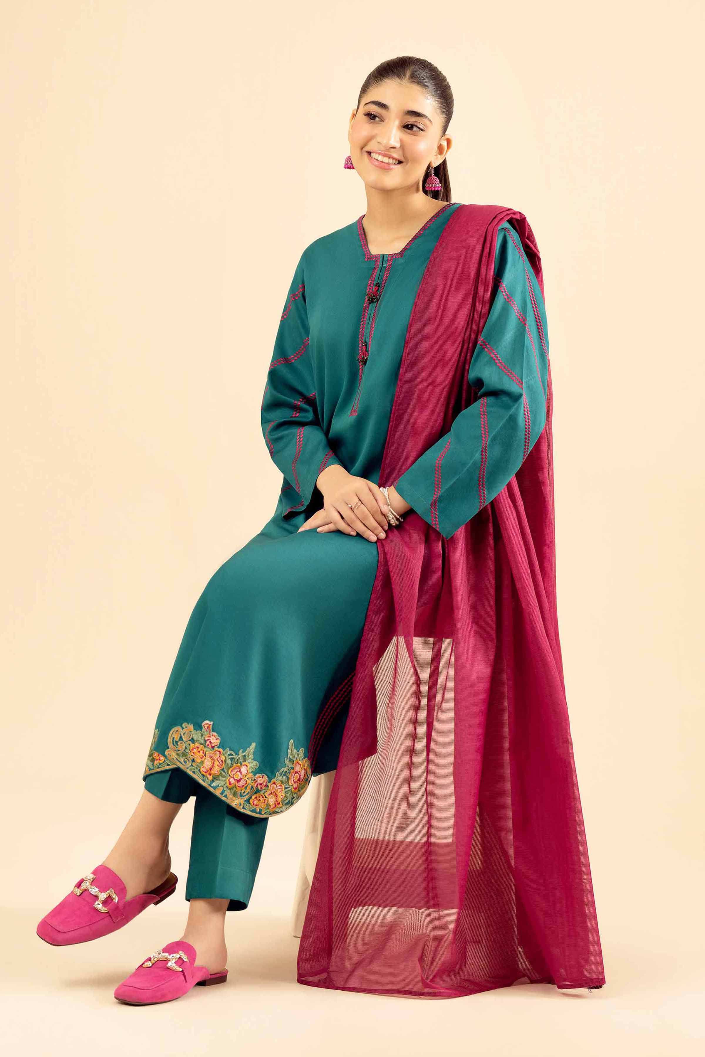 NishatUK - Green Embroidered  Satin 3-piece ready to wear Suit