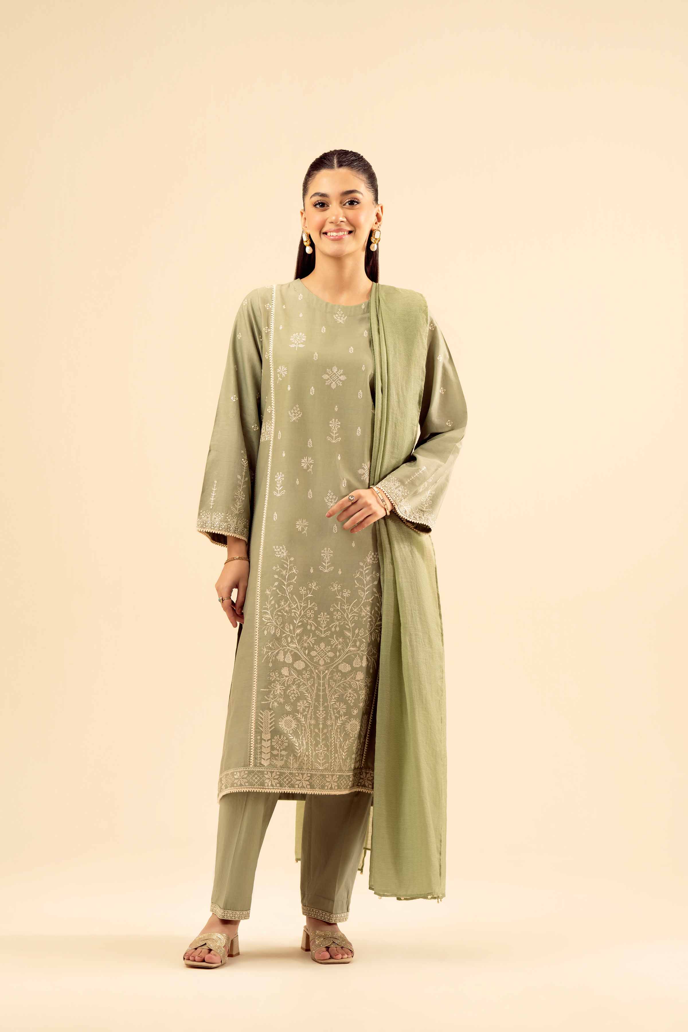 NishatUK - Green Embroidered Cambric 2-piece ready to wear Dress