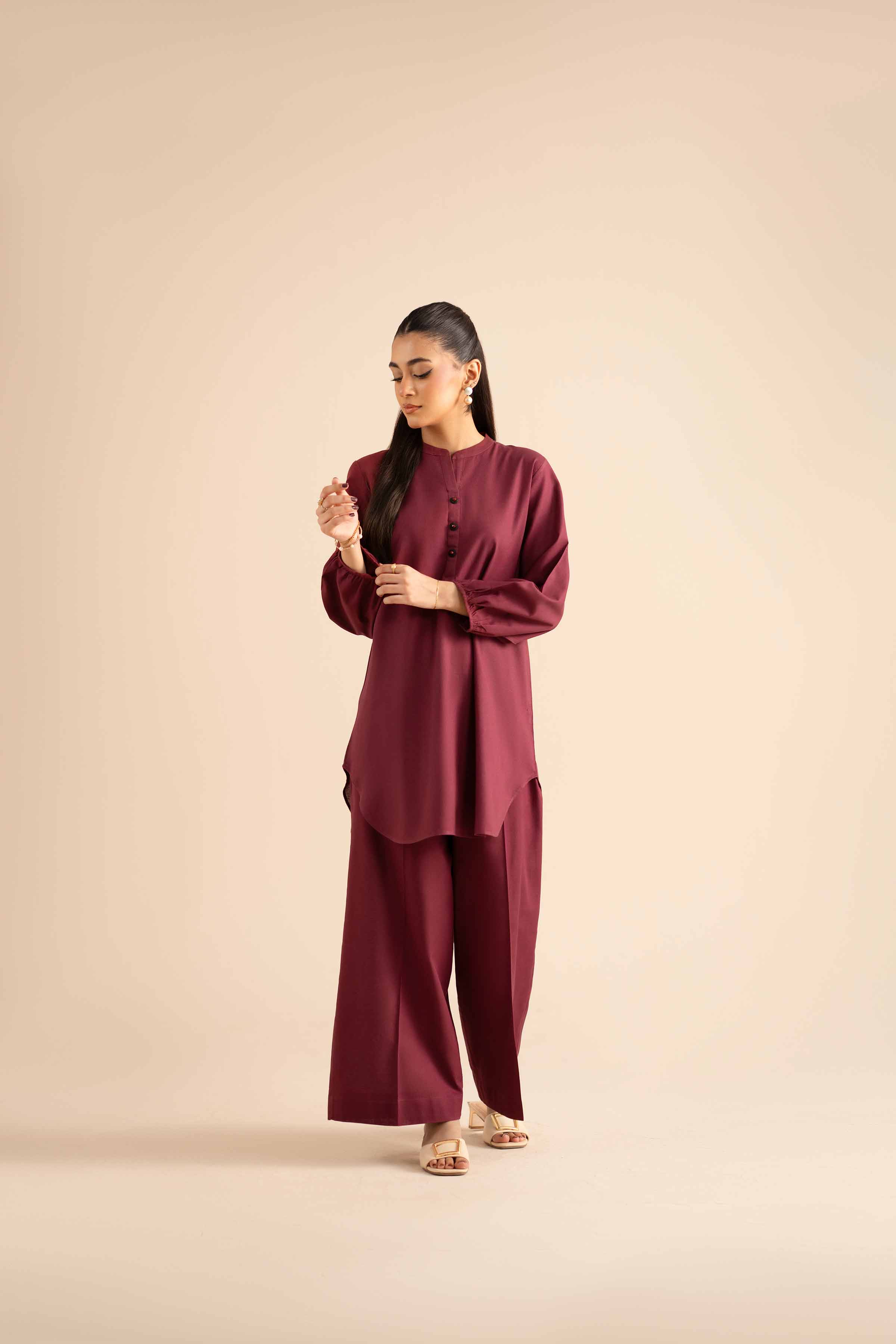 NishatUK - Maroon Solids Cotton 2-piece ready to wear Dress