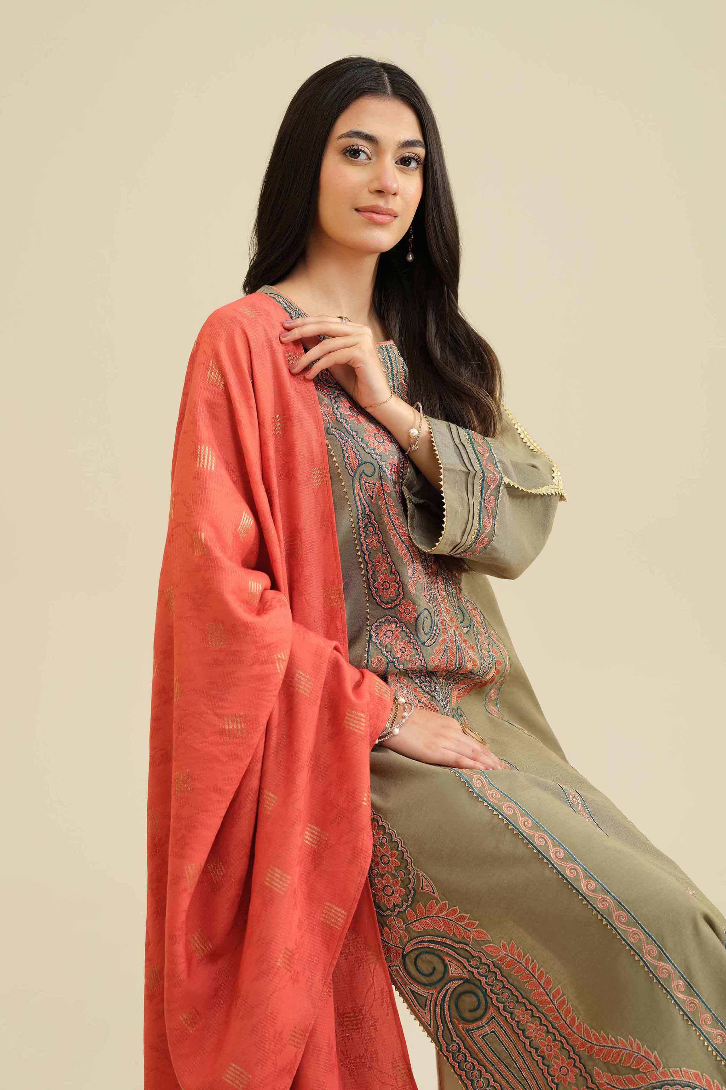NishatUK - Green Embroidered Silk 3-piece ready to wear Suit