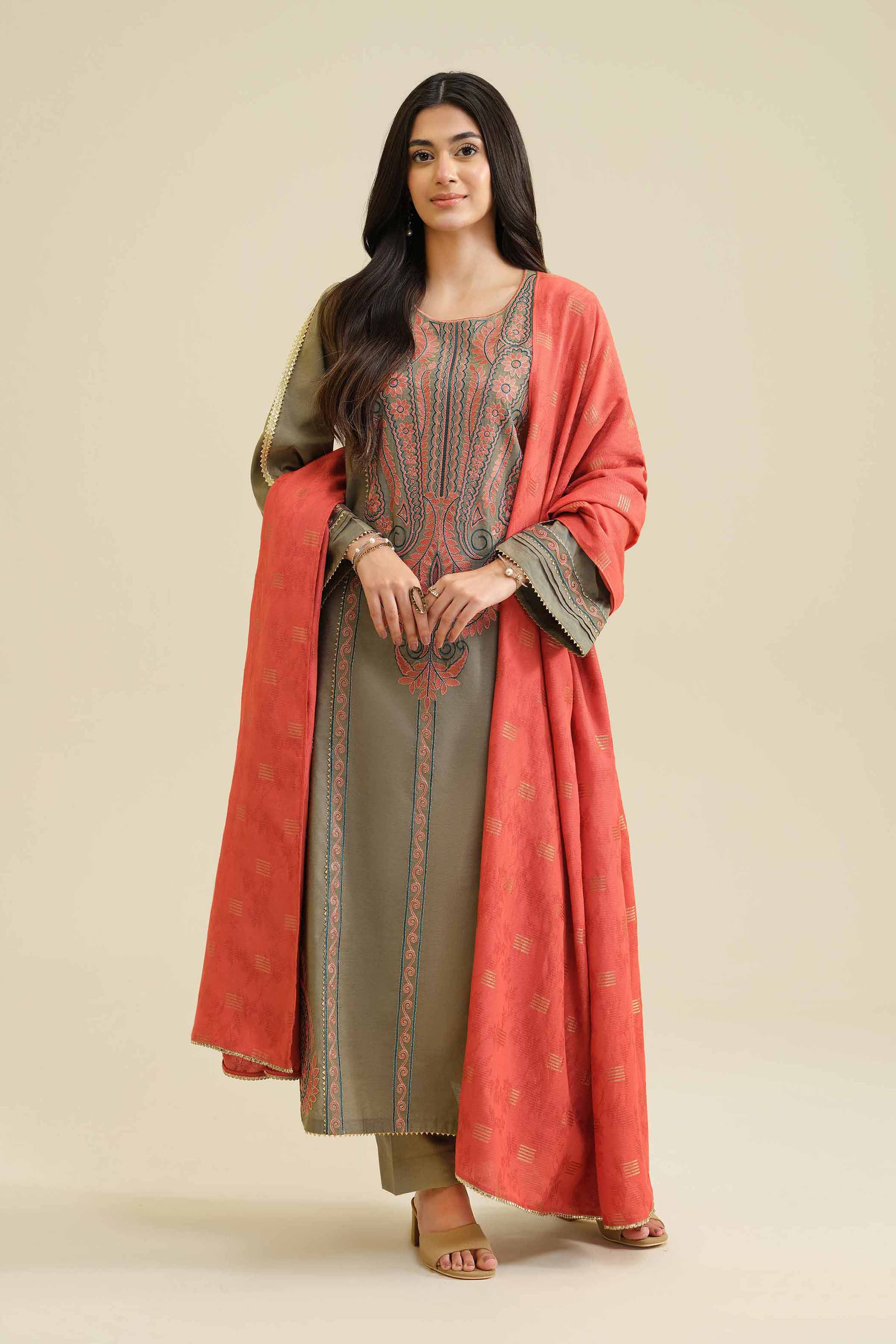 NishatUK - Green Embroidered Silk 3-piece ready to wear Suit