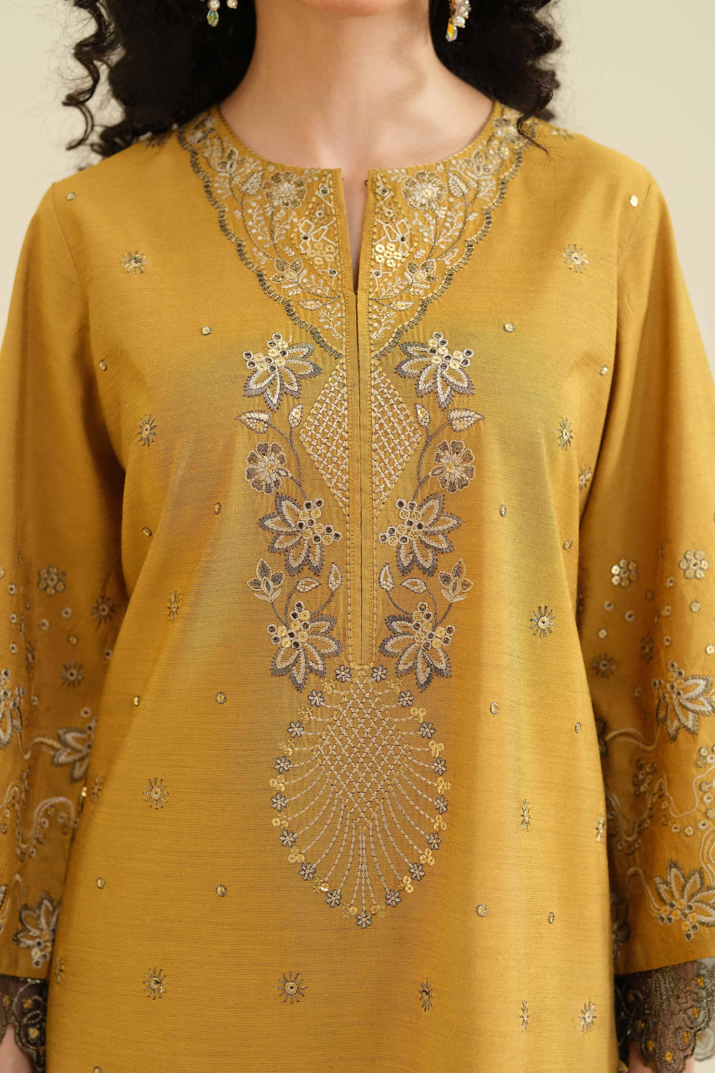 NishatUK - Yellow Embroidered Silk 3-piece ready to wear Suit