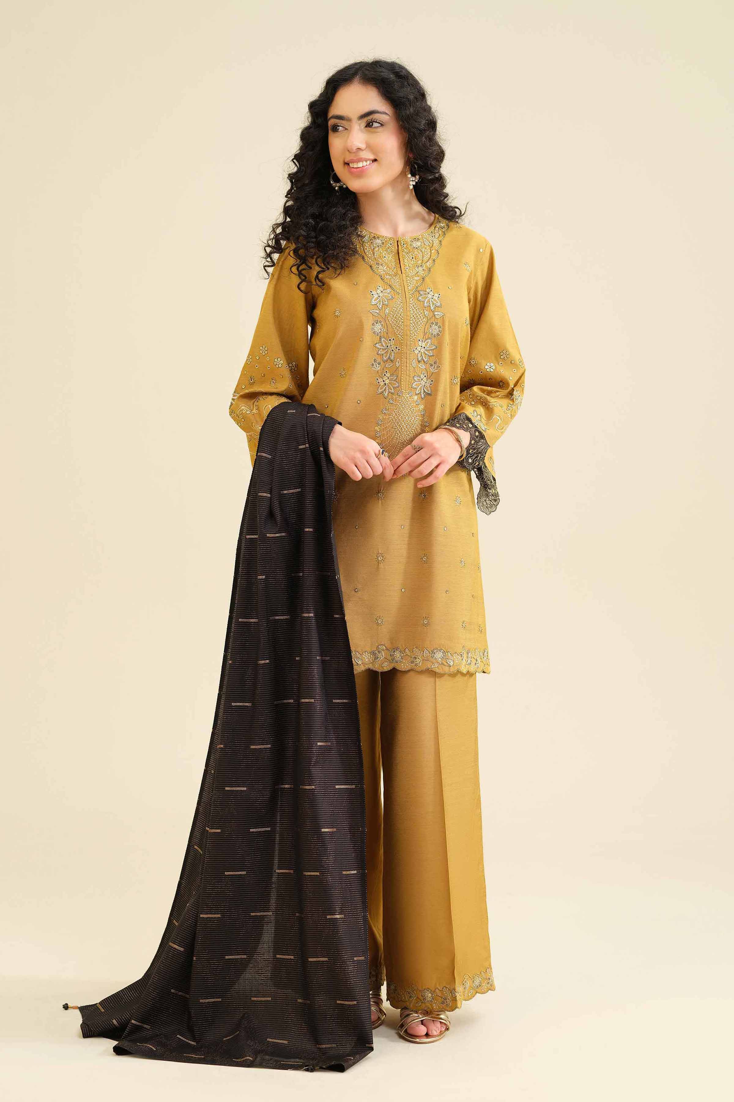 NishatUK - Yellow Embroidered Silk 3-piece ready to wear Suit