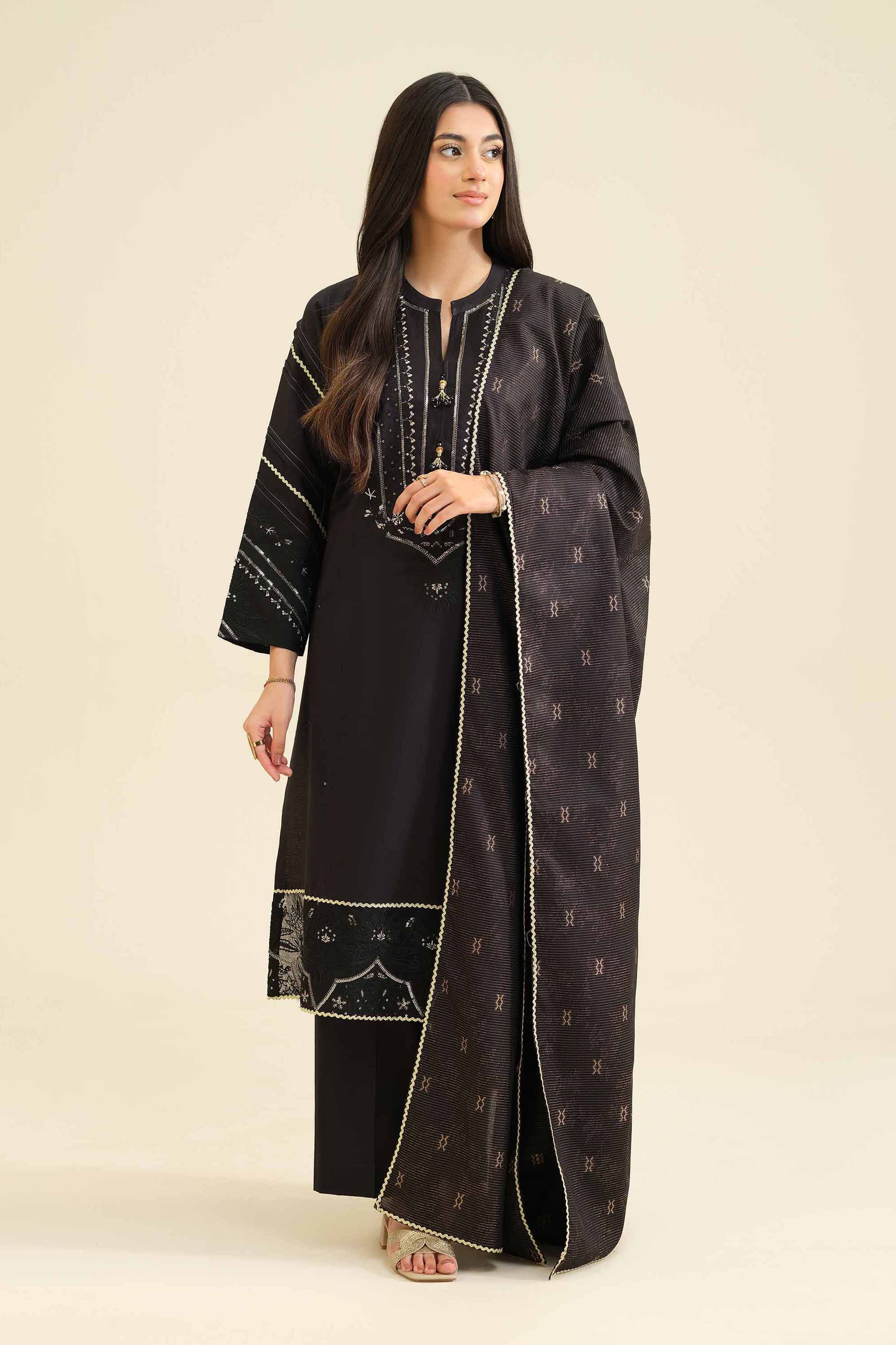 Nishat UK - Black Embroidered Silk 3 Pieces ready to wear Suit