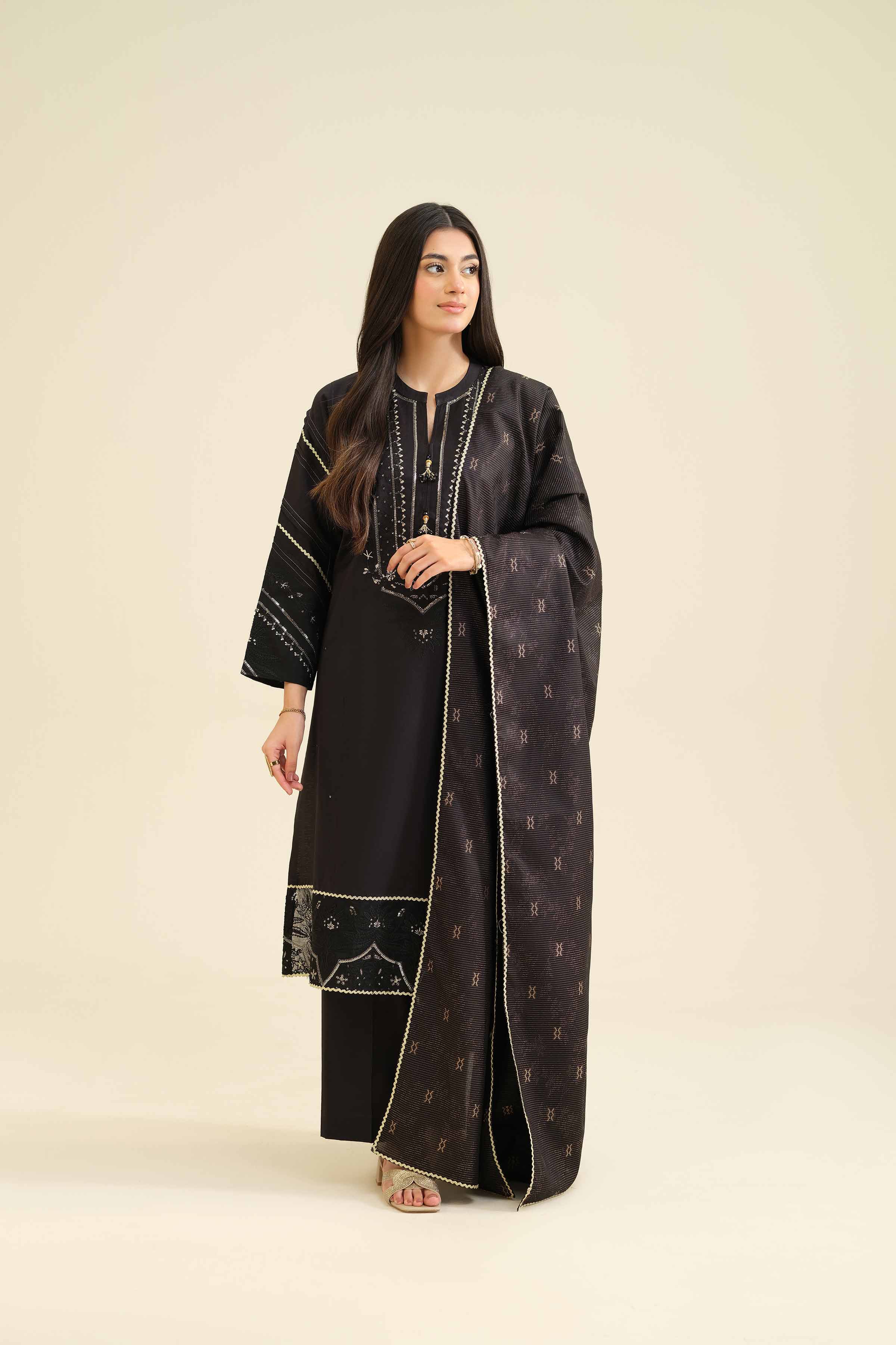 Nishat UK - Black Embroidered Silk 3 Pieces ready to wear Suit