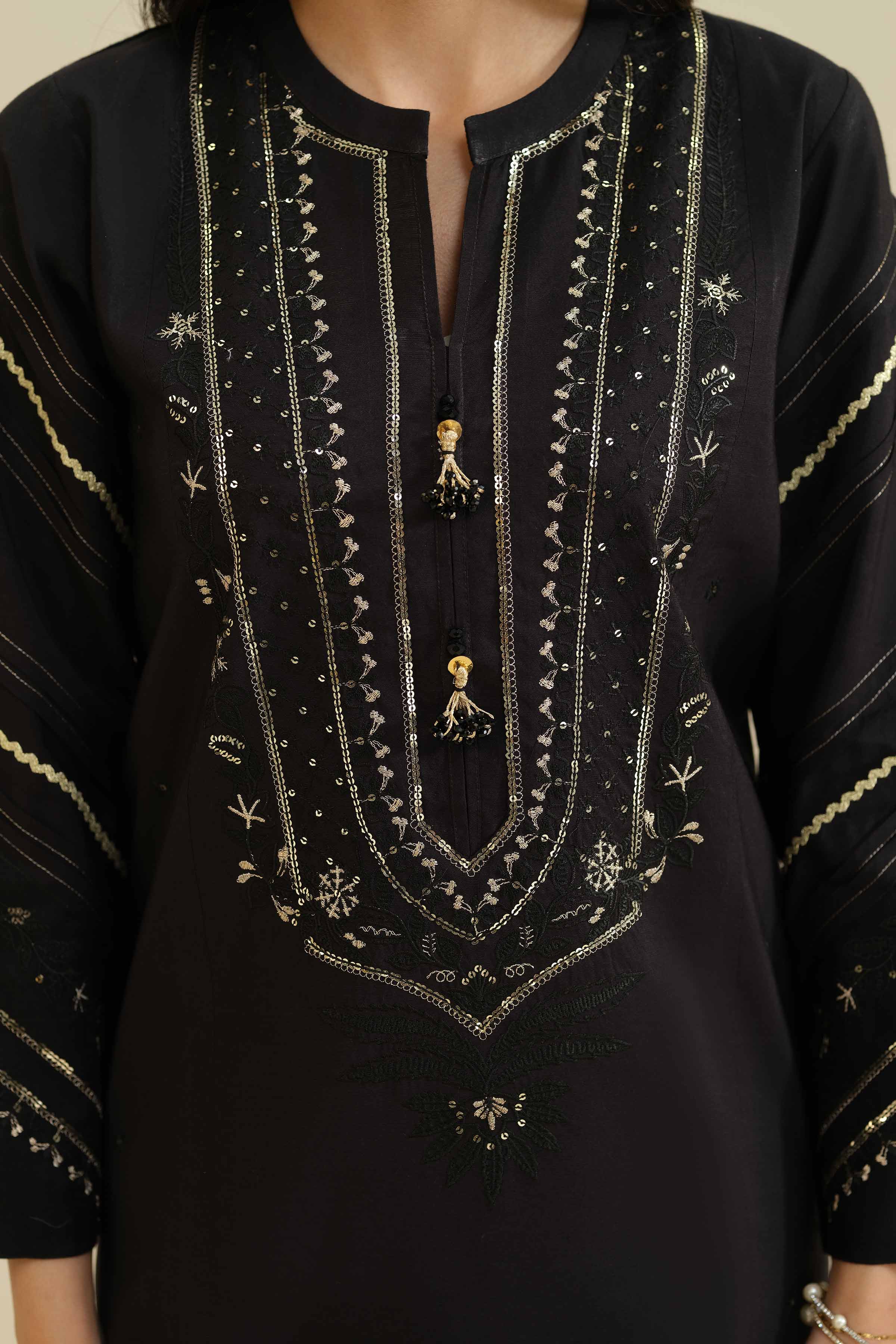 Nishat UK - Black Embroidered Silk 3 Pieces ready to wear Suit