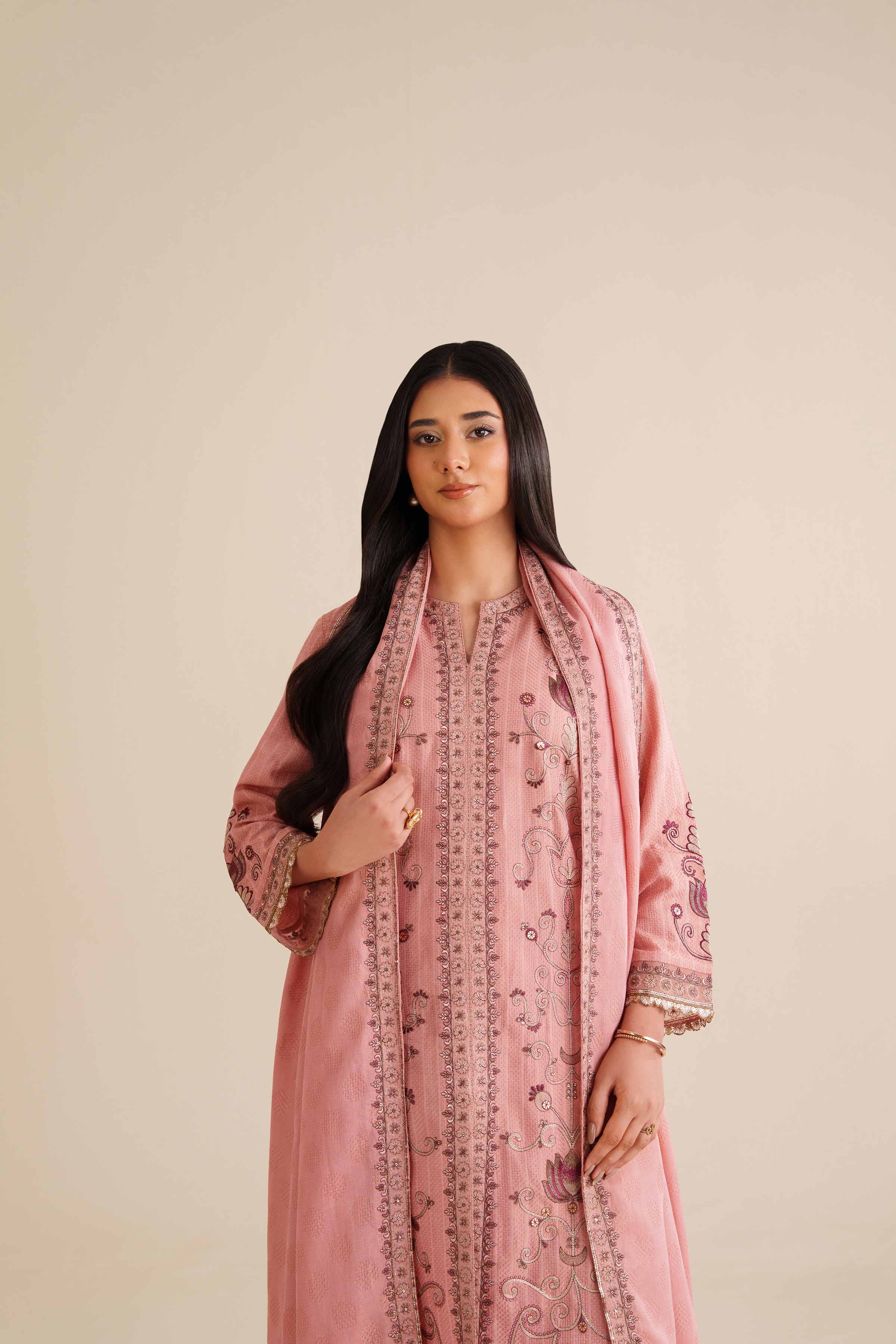 NishatUK - Peach Pink Embroidered  Jacquard 3-piece ready to wear Suit