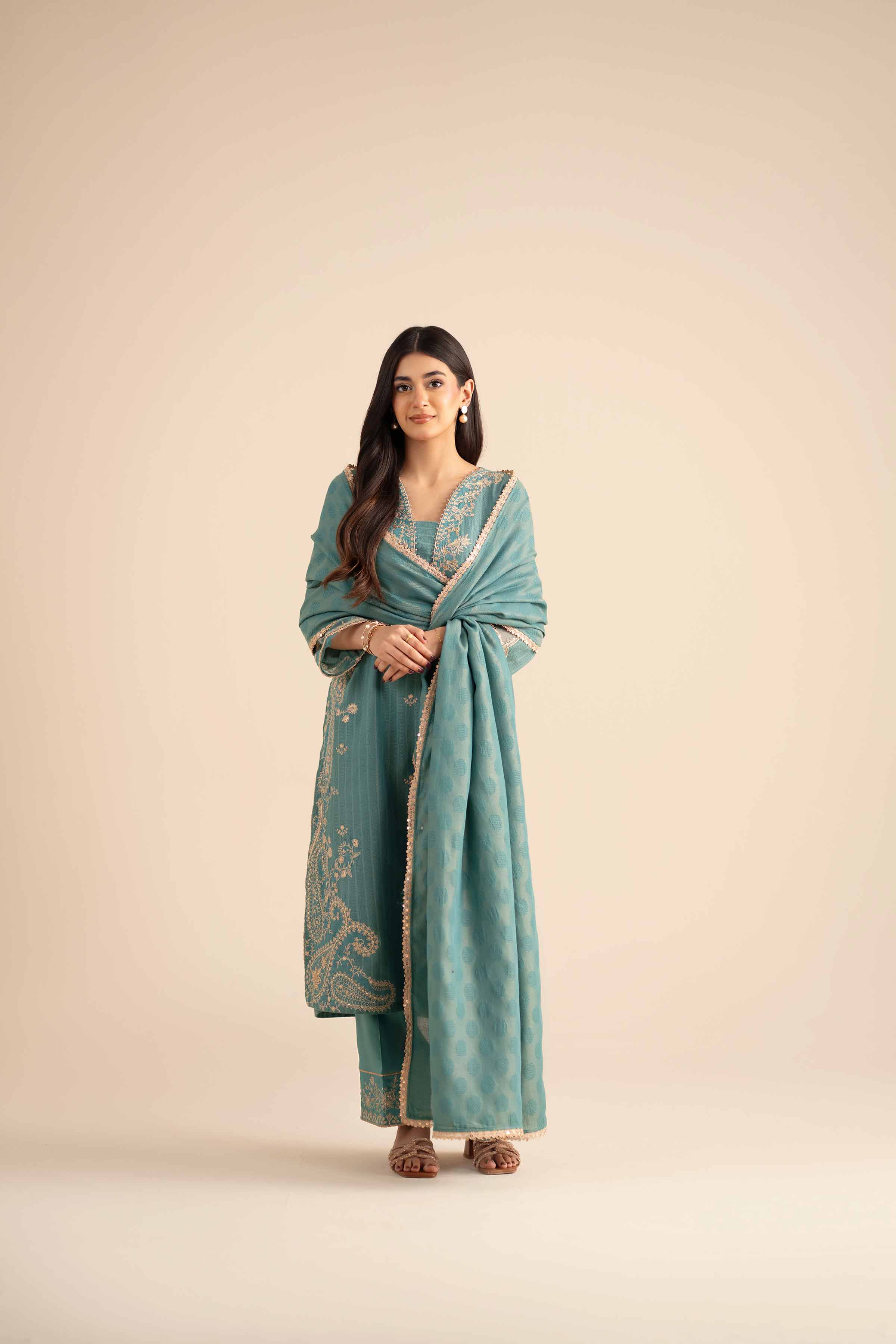 NishatUK - Teal Embroidered  Jacquard 3-piece ready to wear Suit
