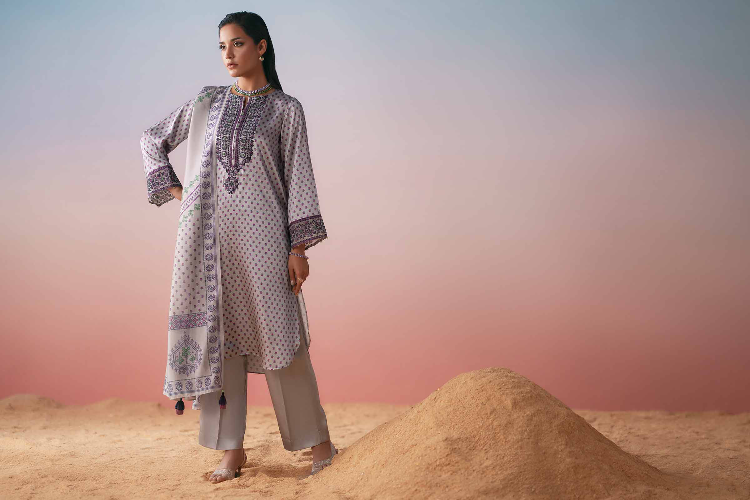 NishatUK - Grey Embroidered Silk 3-piece ready to wear Suit