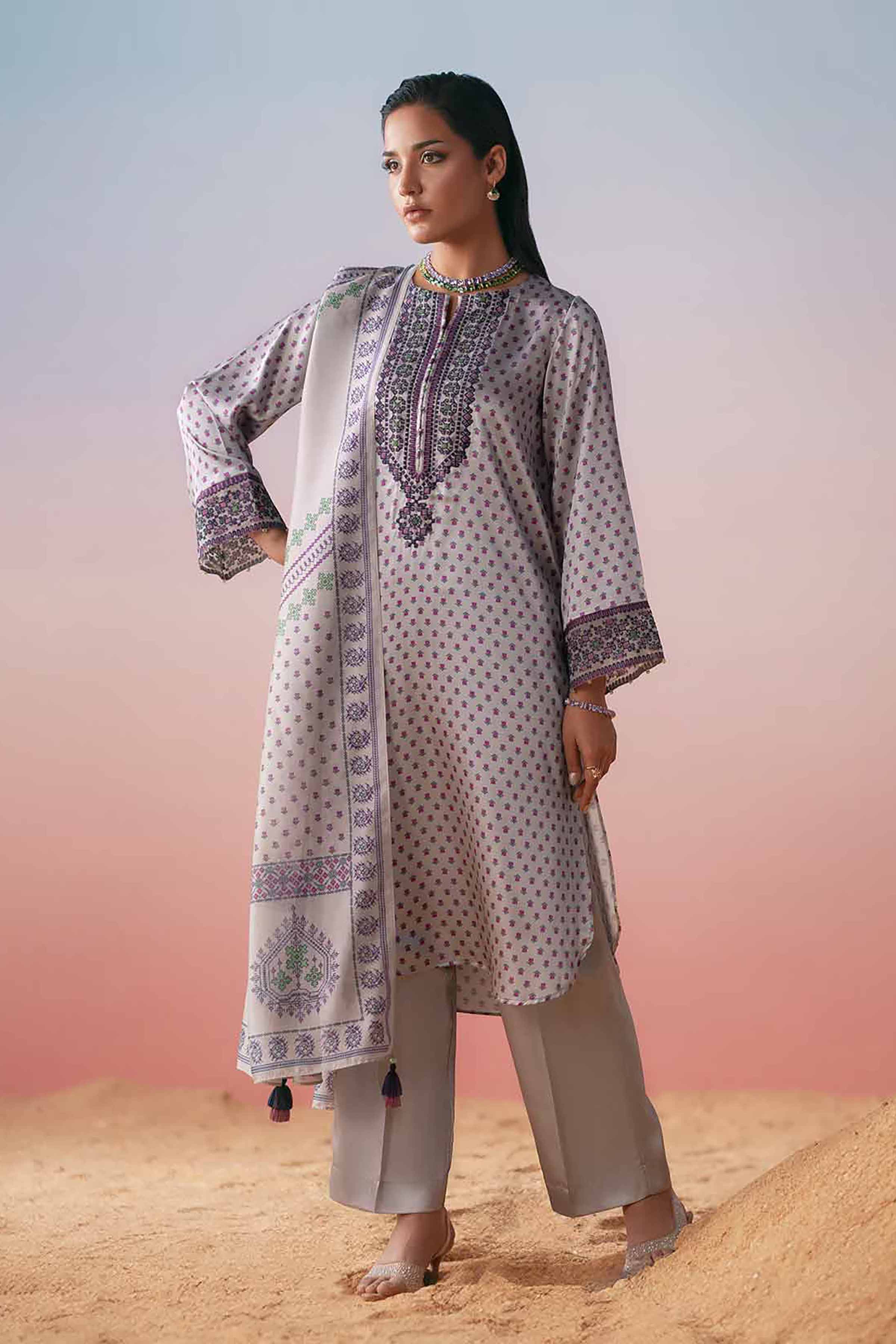 NishatUK - Grey Embroidered Silk 3-piece ready to wear Suit