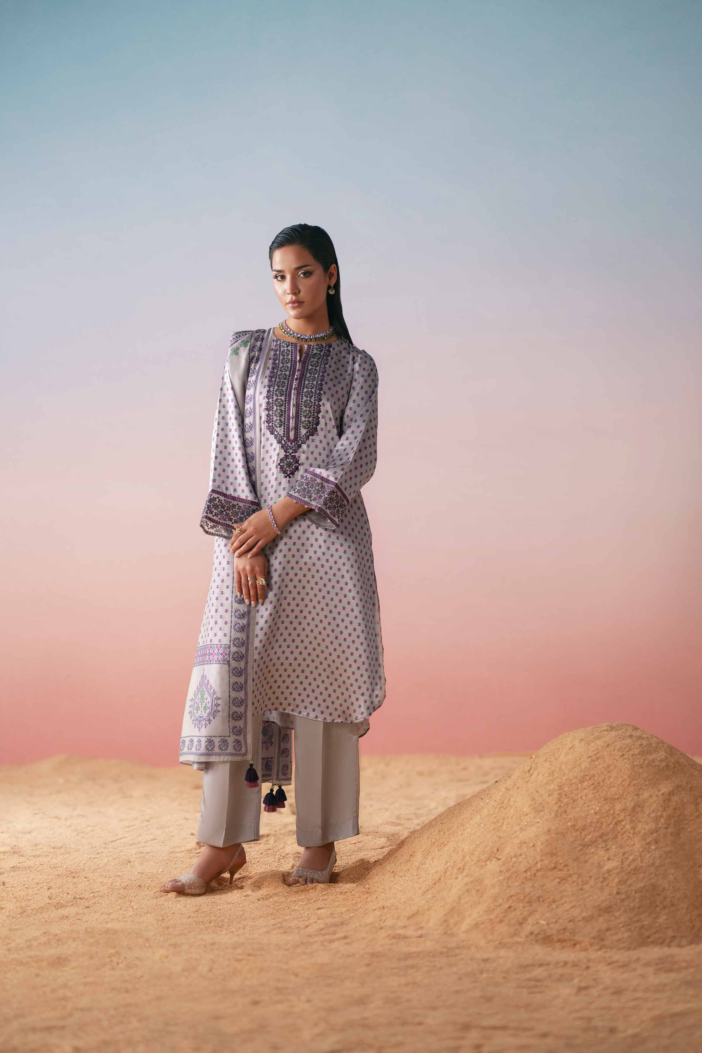 NishatUK - Grey Embroidered Silk 3-piece ready to wear Suit