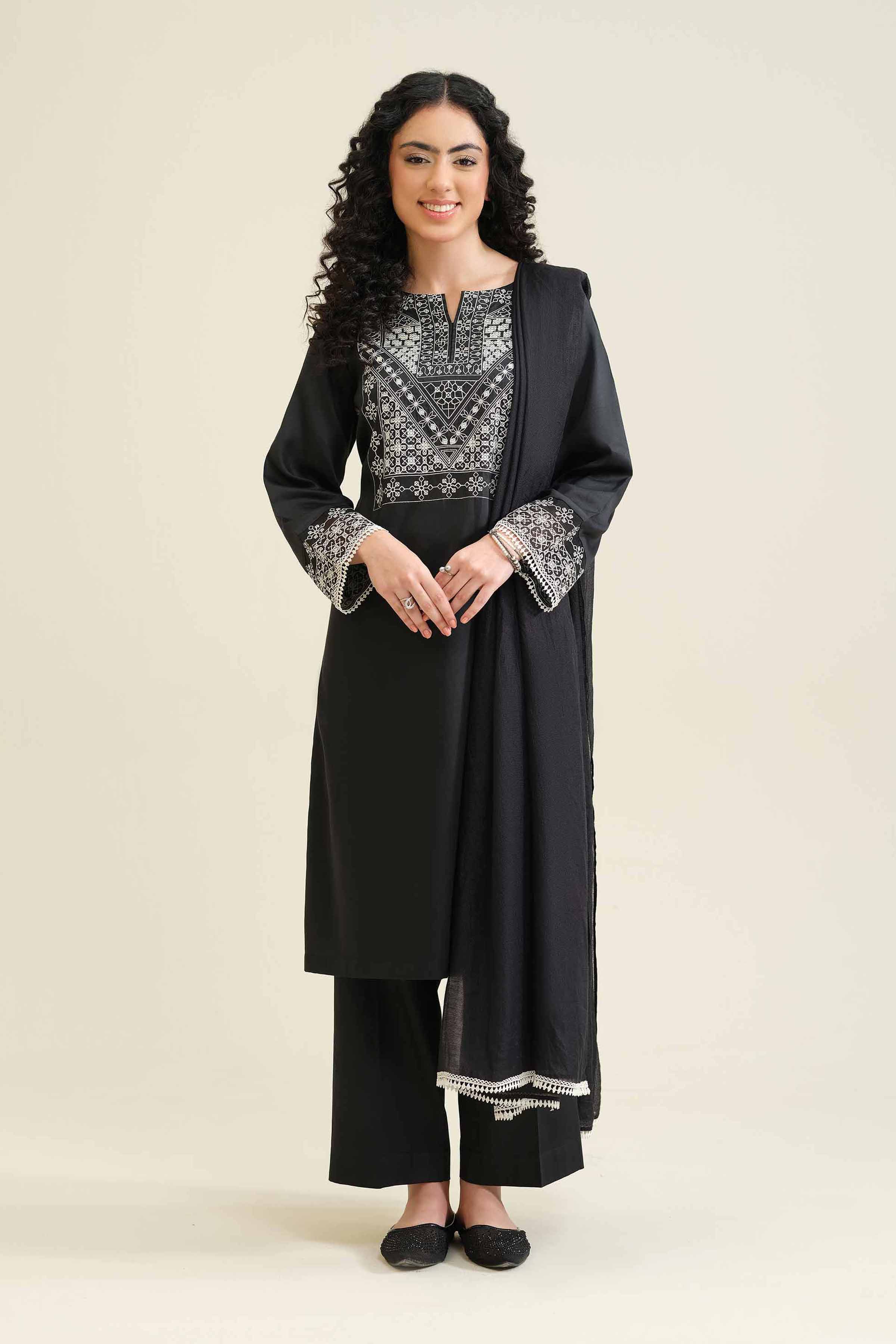 NishatUK - Black Embroidered  Satin 3-piece ready to wear Suit