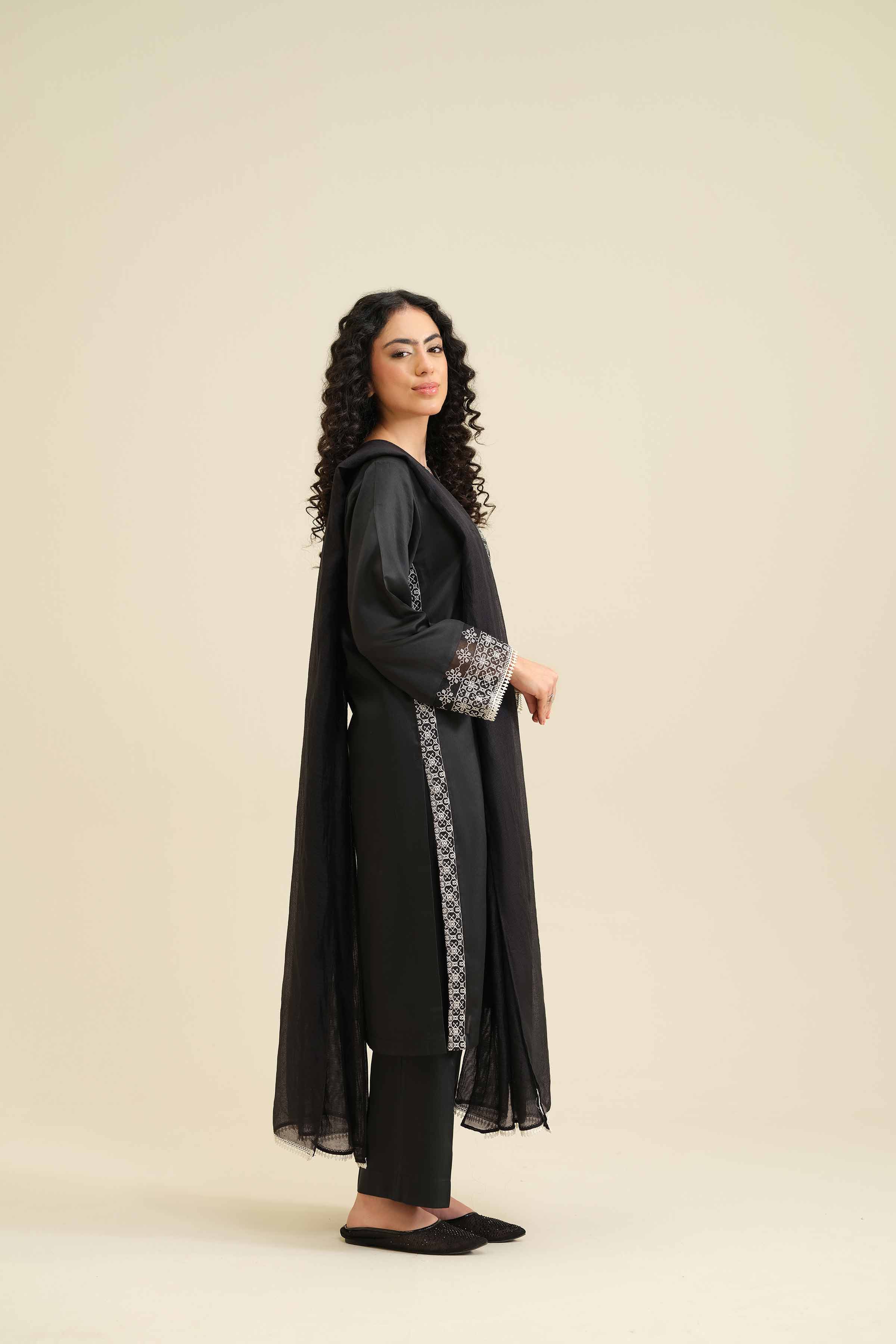 NishatUK - Black Embroidered  Satin 3-piece ready to wear Suit