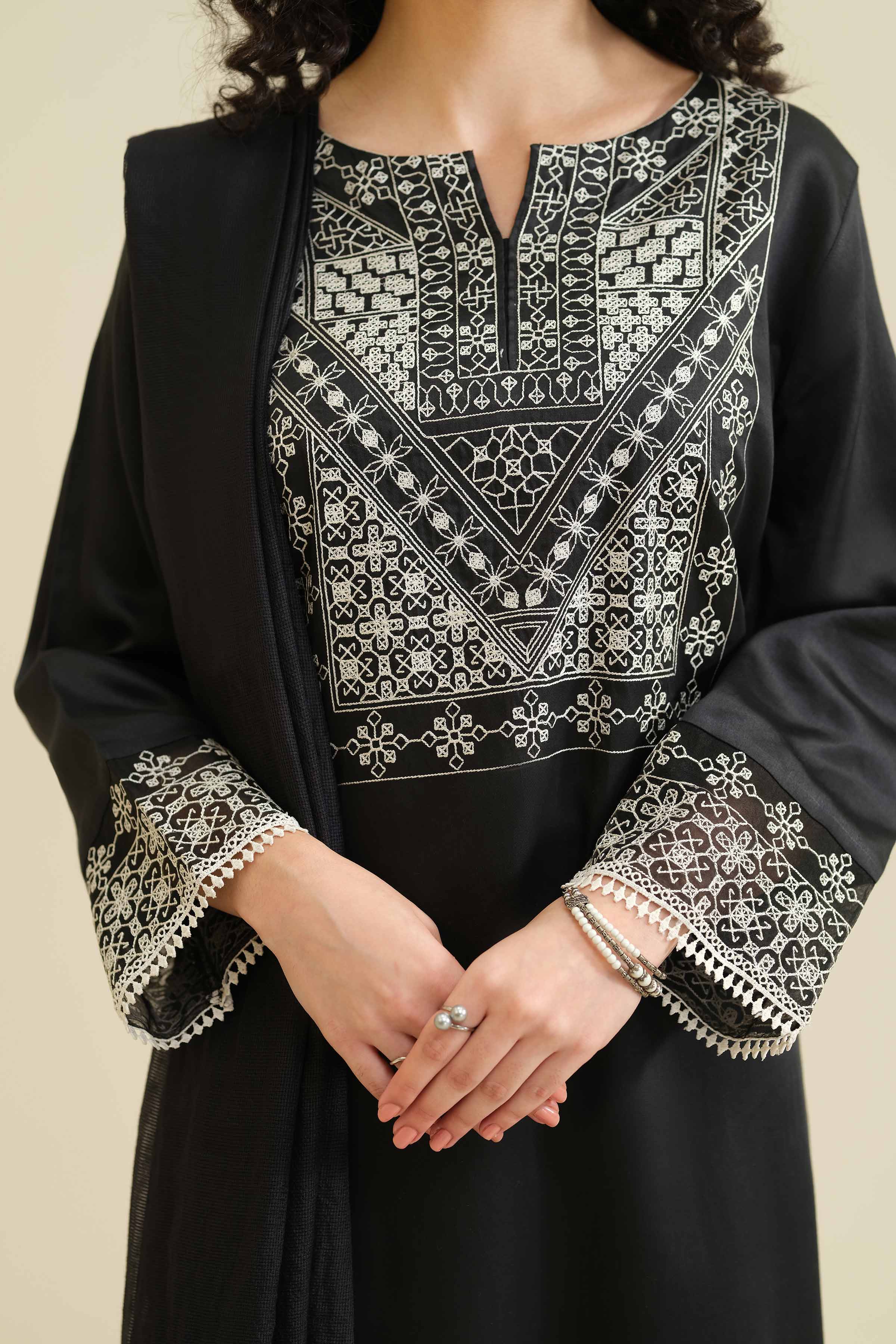 NishatUK - Black Embroidered  Satin 3-piece ready to wear Suit