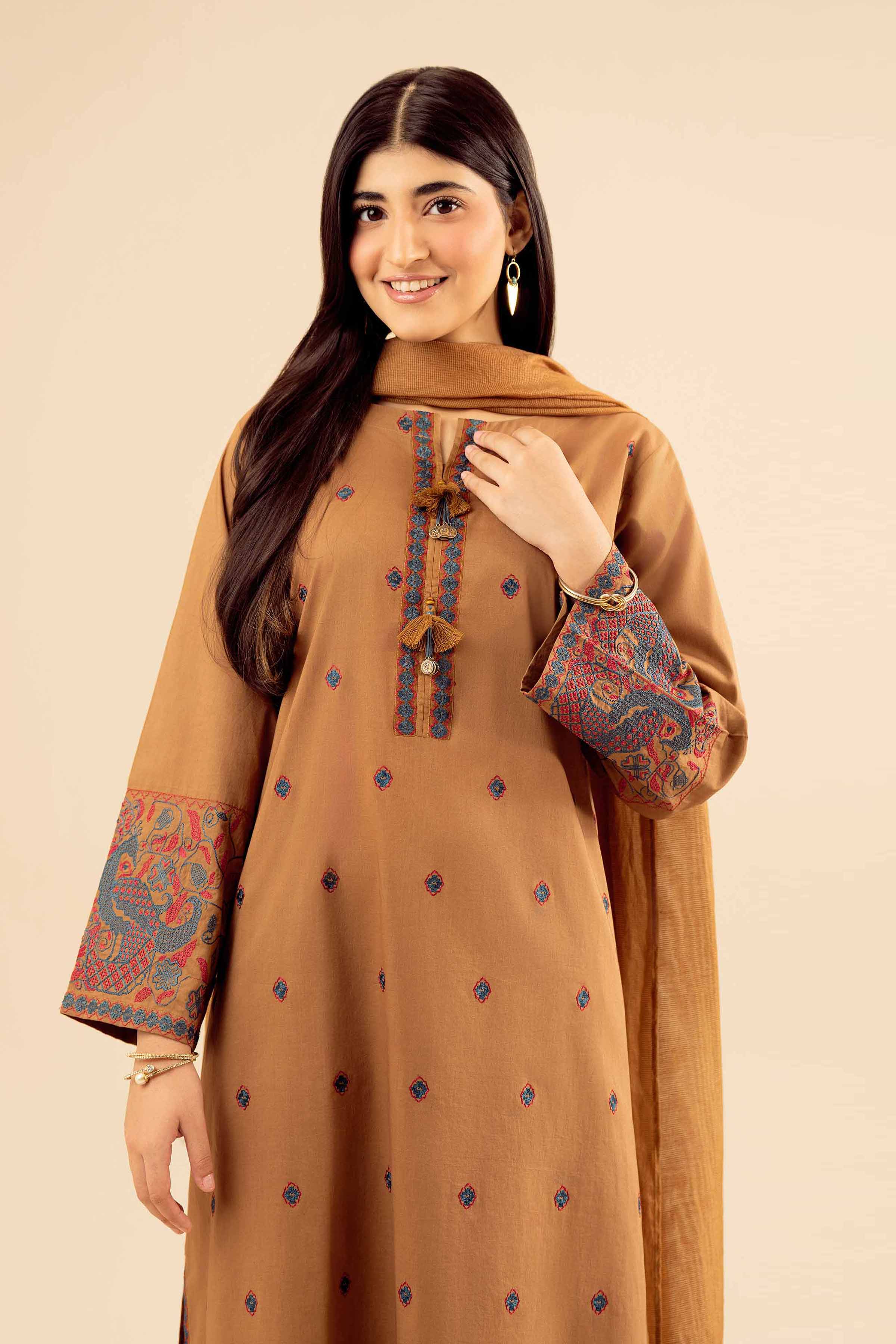 NishatUK - Brown Embroidered Cambric 3-piece ready to wear Suit