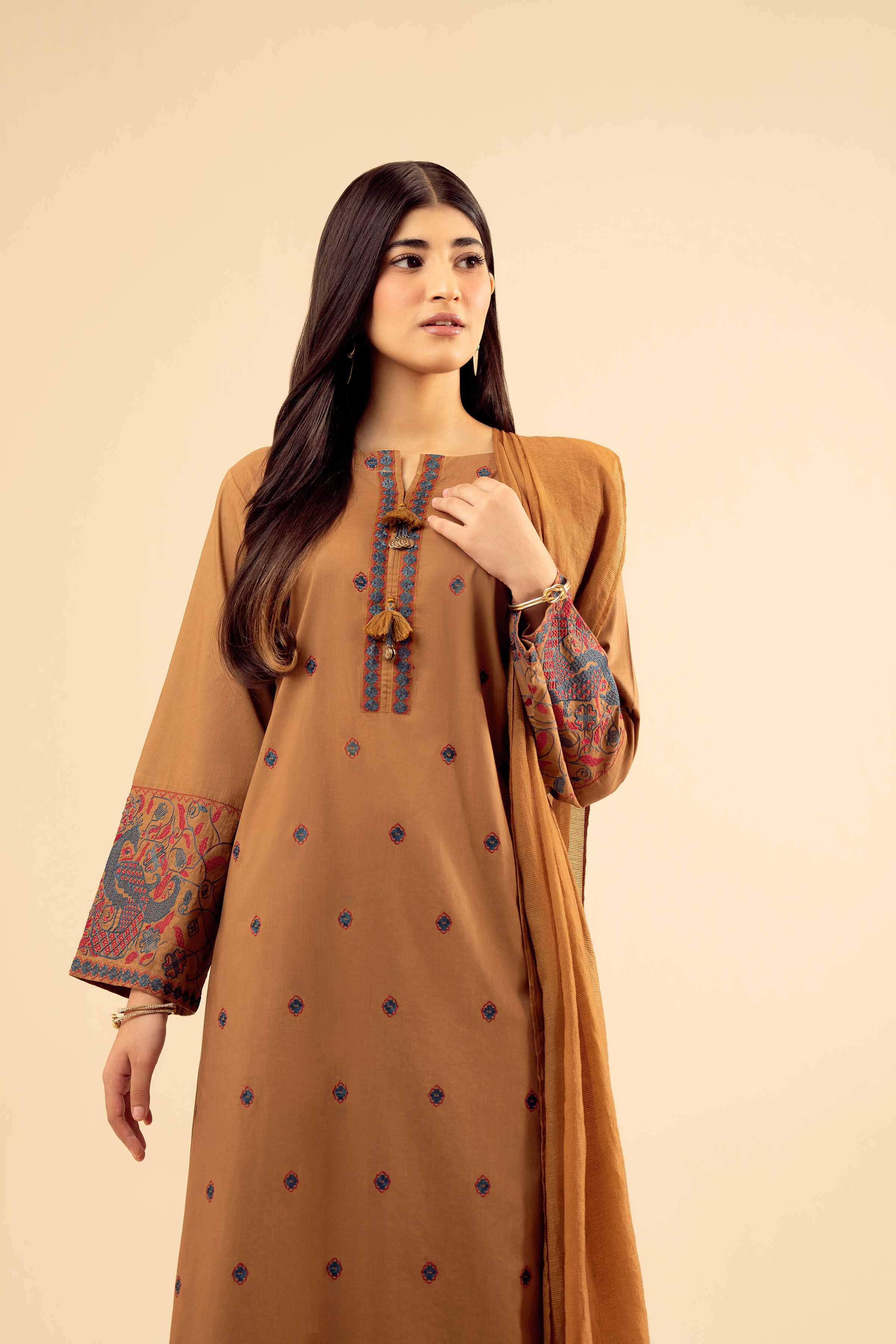 NishatUK - Brown Embroidered Cambric 3-piece ready to wear Suit