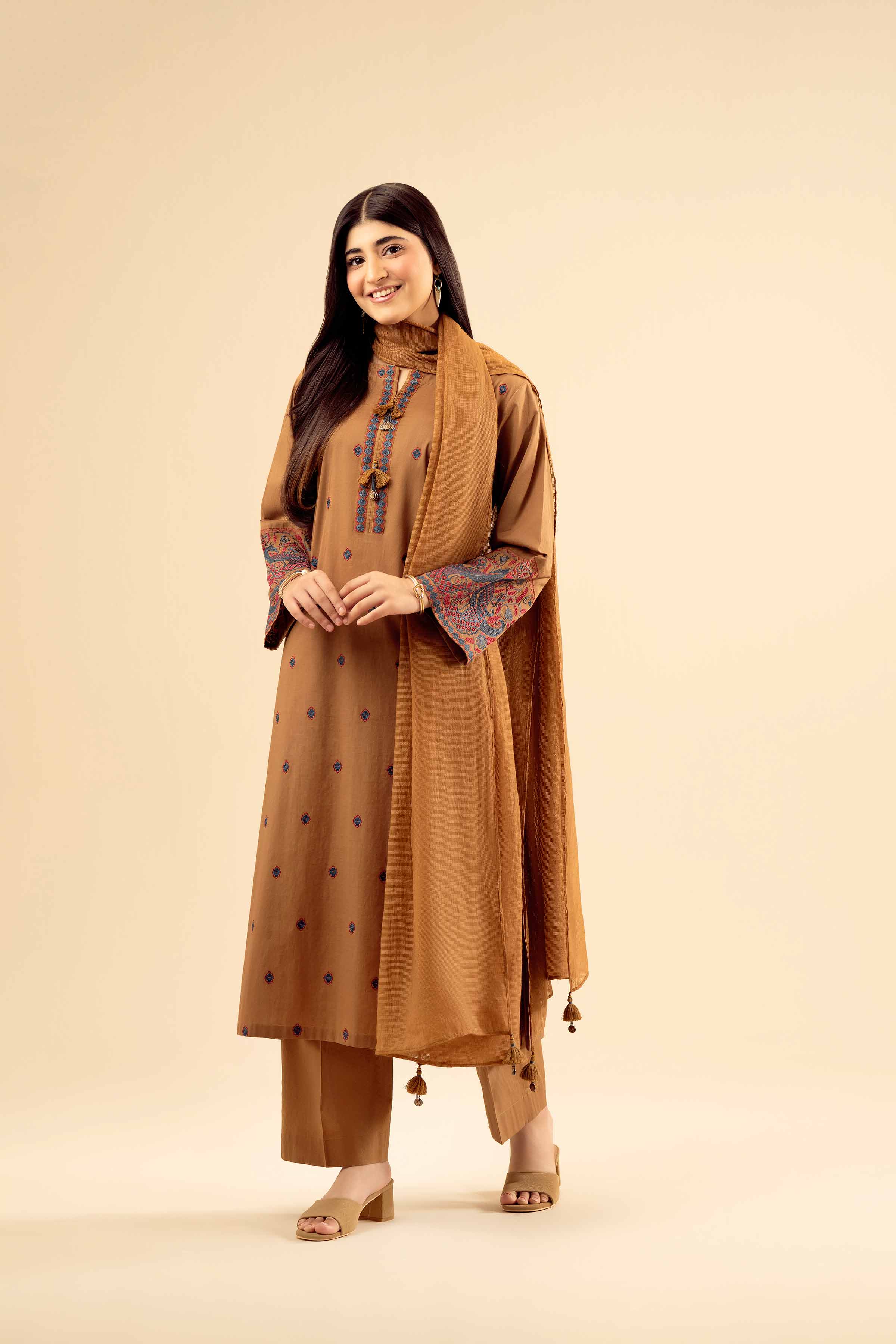 NishatUK - Brown Embroidered Cambric 3-piece ready to wear Suit