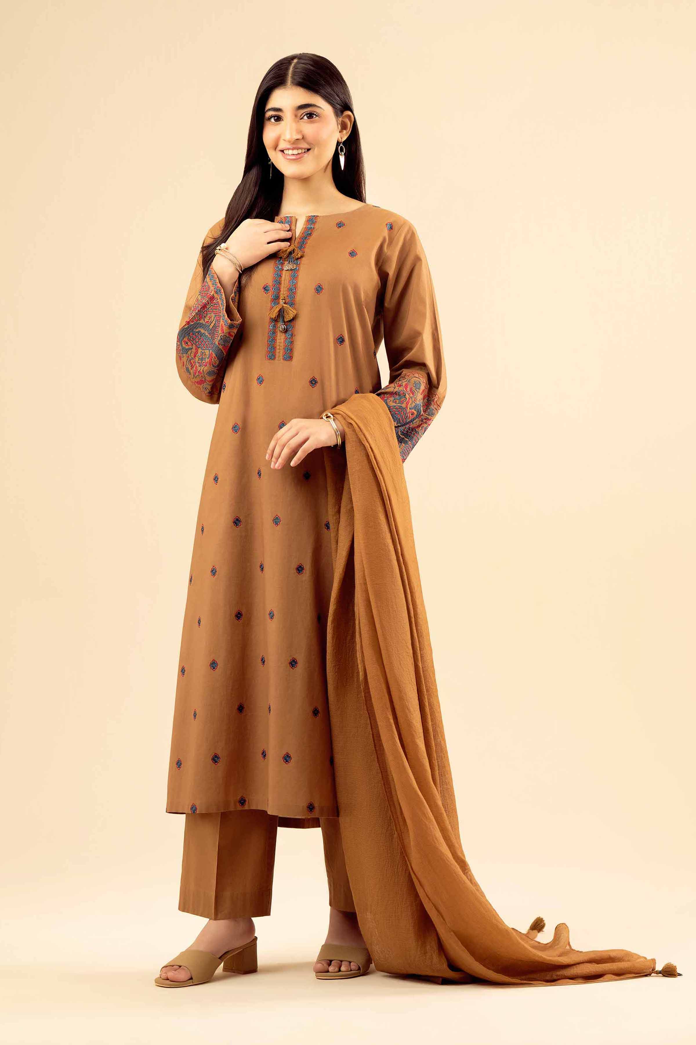 NishatUK - Brown Embroidered Cambric 3-piece ready to wear Suit