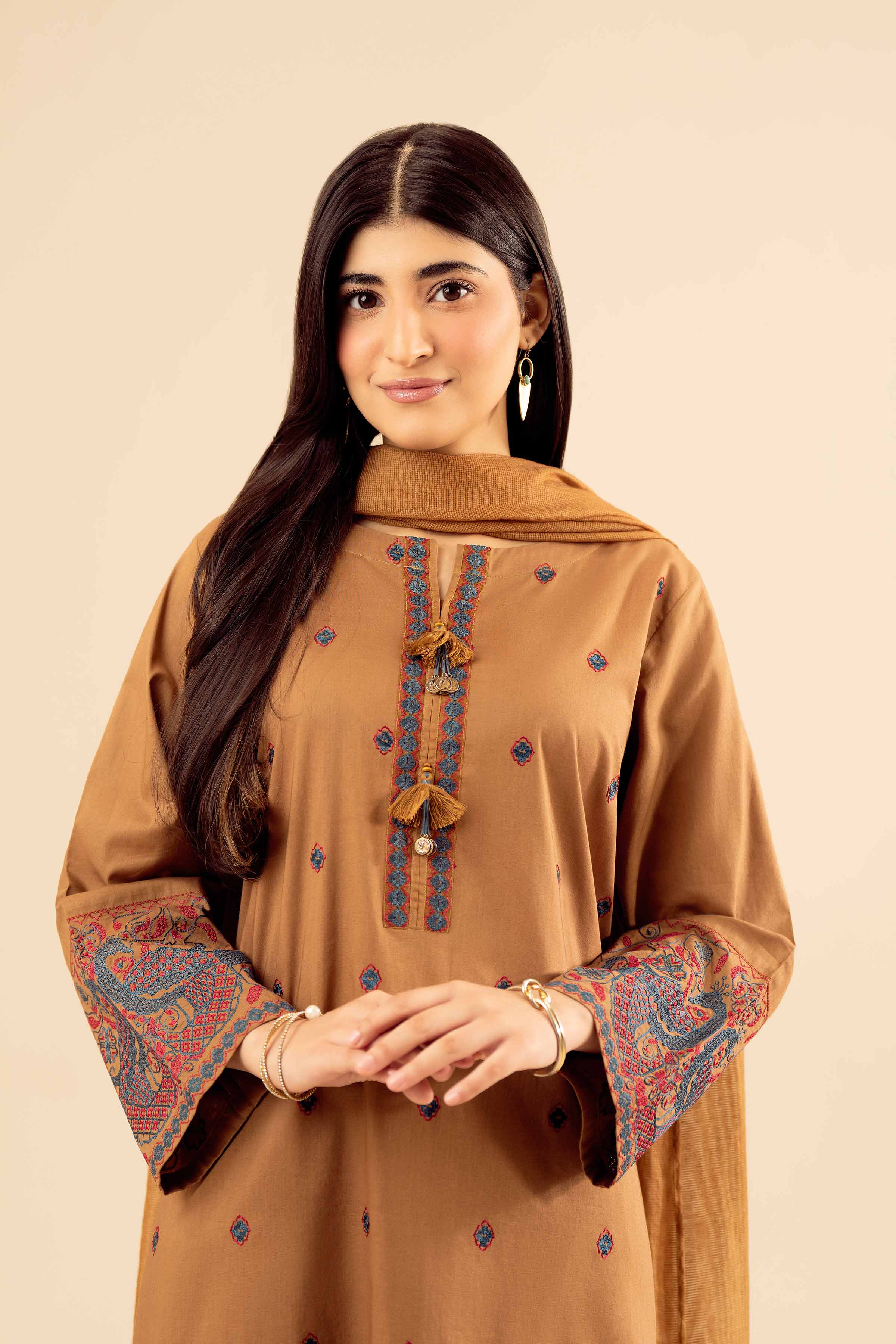 NishatUK - Brown Embroidered Cambric 3-piece ready to wear Suit