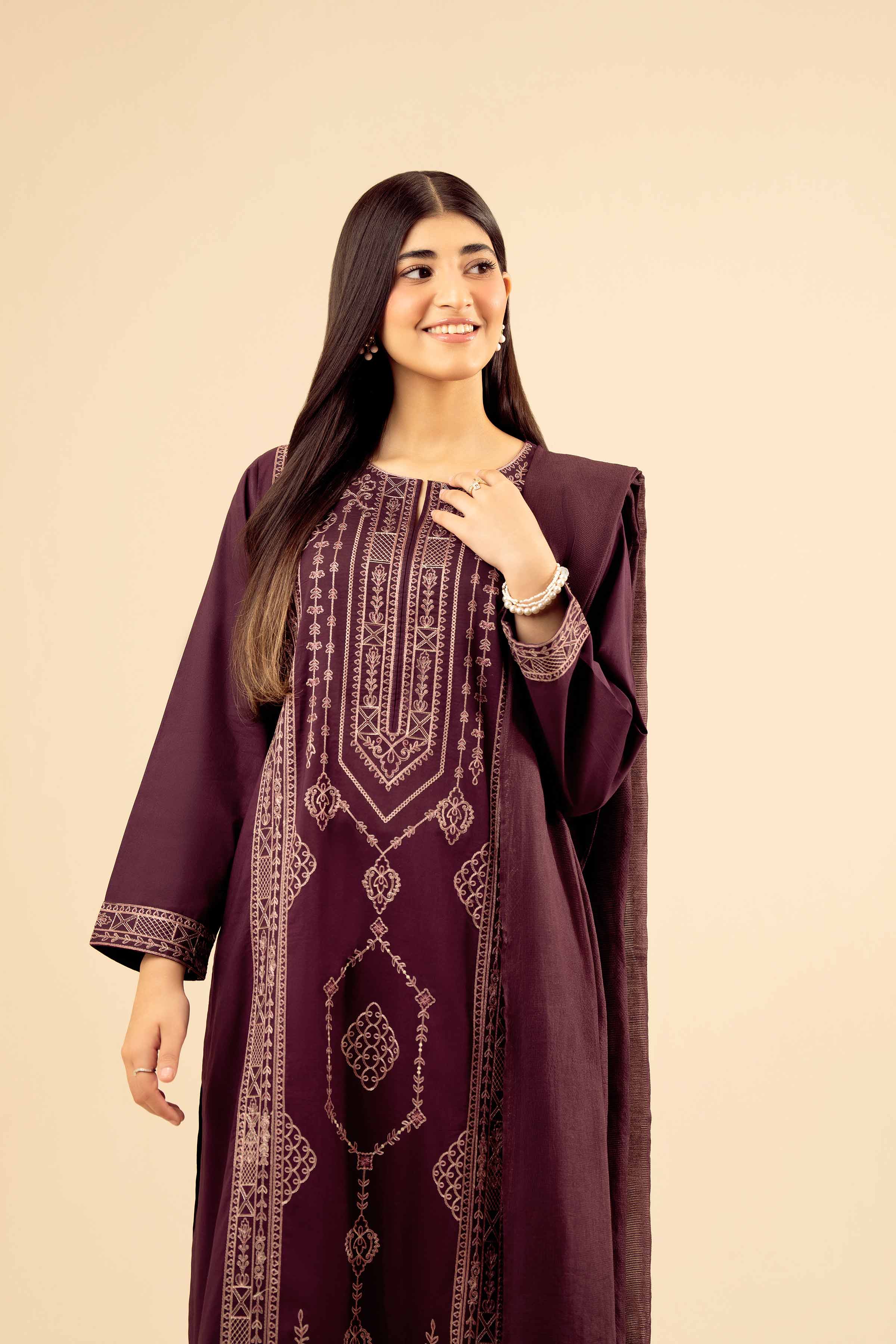 NishatUK - Maroon Embroidered Cambric 3-piece ready to wear Suit