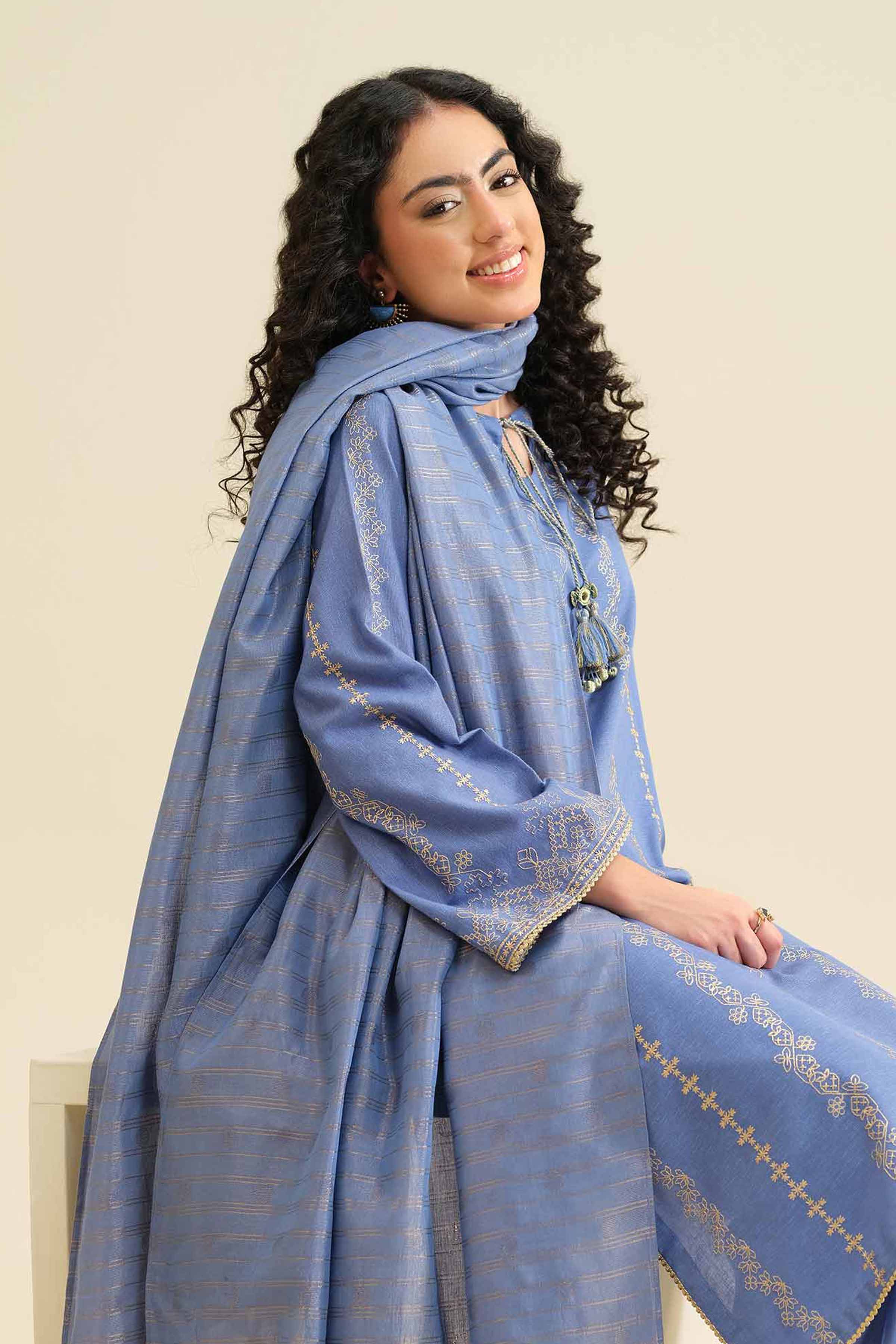 NishatUK - Blue Embroidered Karandi 3-piece ready to wear Suit