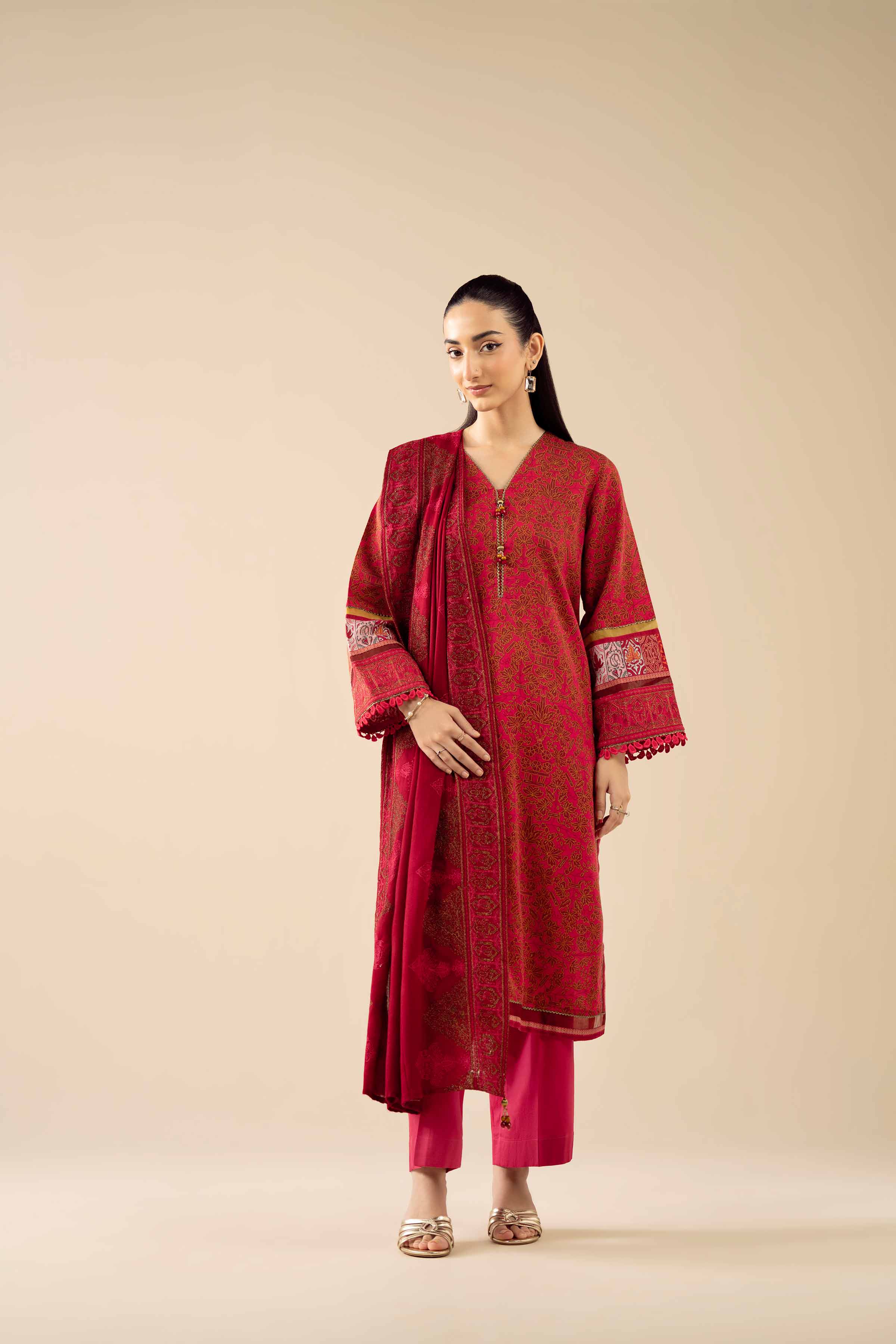 NishatUK - Red Embroidered Karandi 3-piece ready to wear Suit