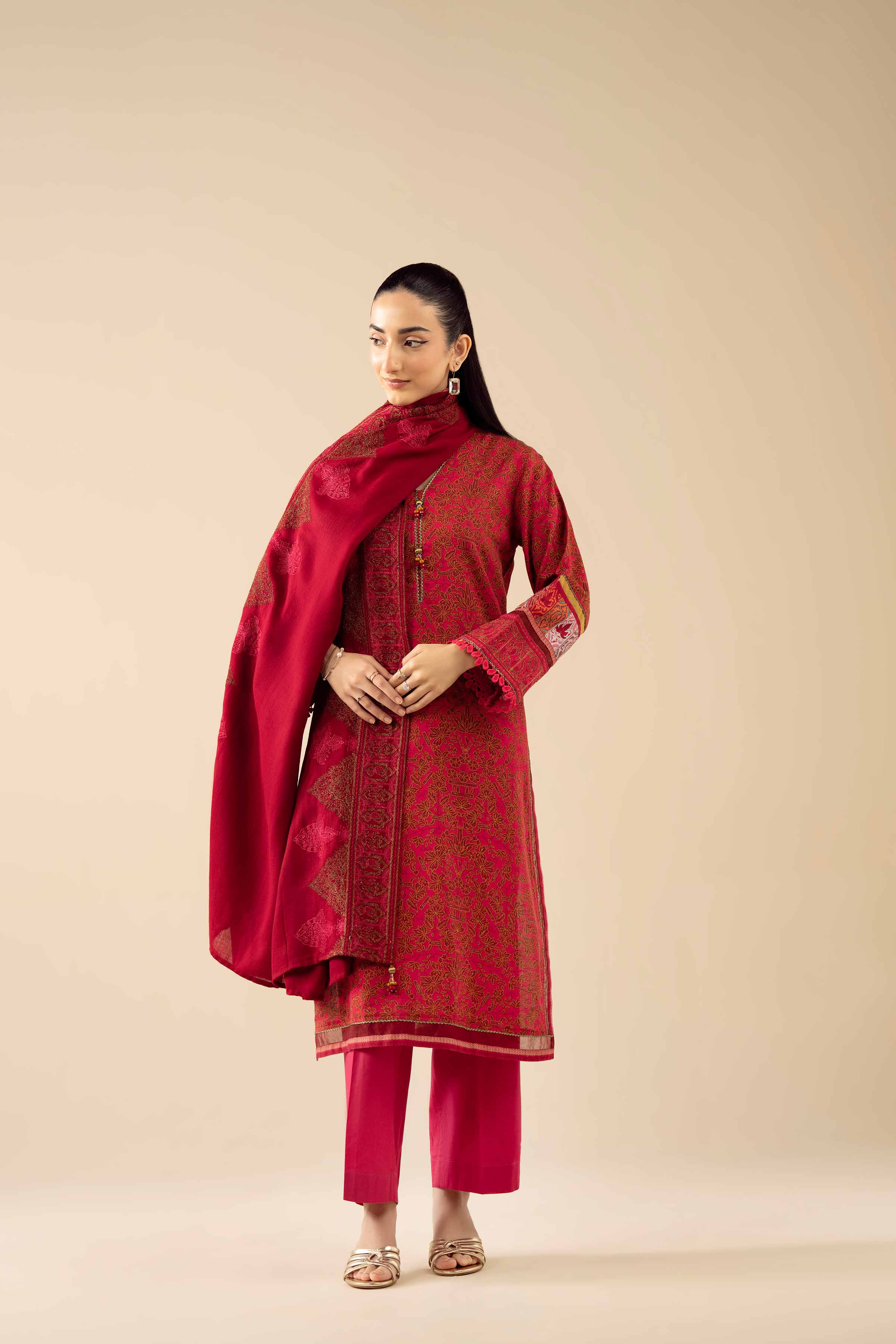 NishatUK - Red Embroidered Karandi 3-piece ready to wear Suit