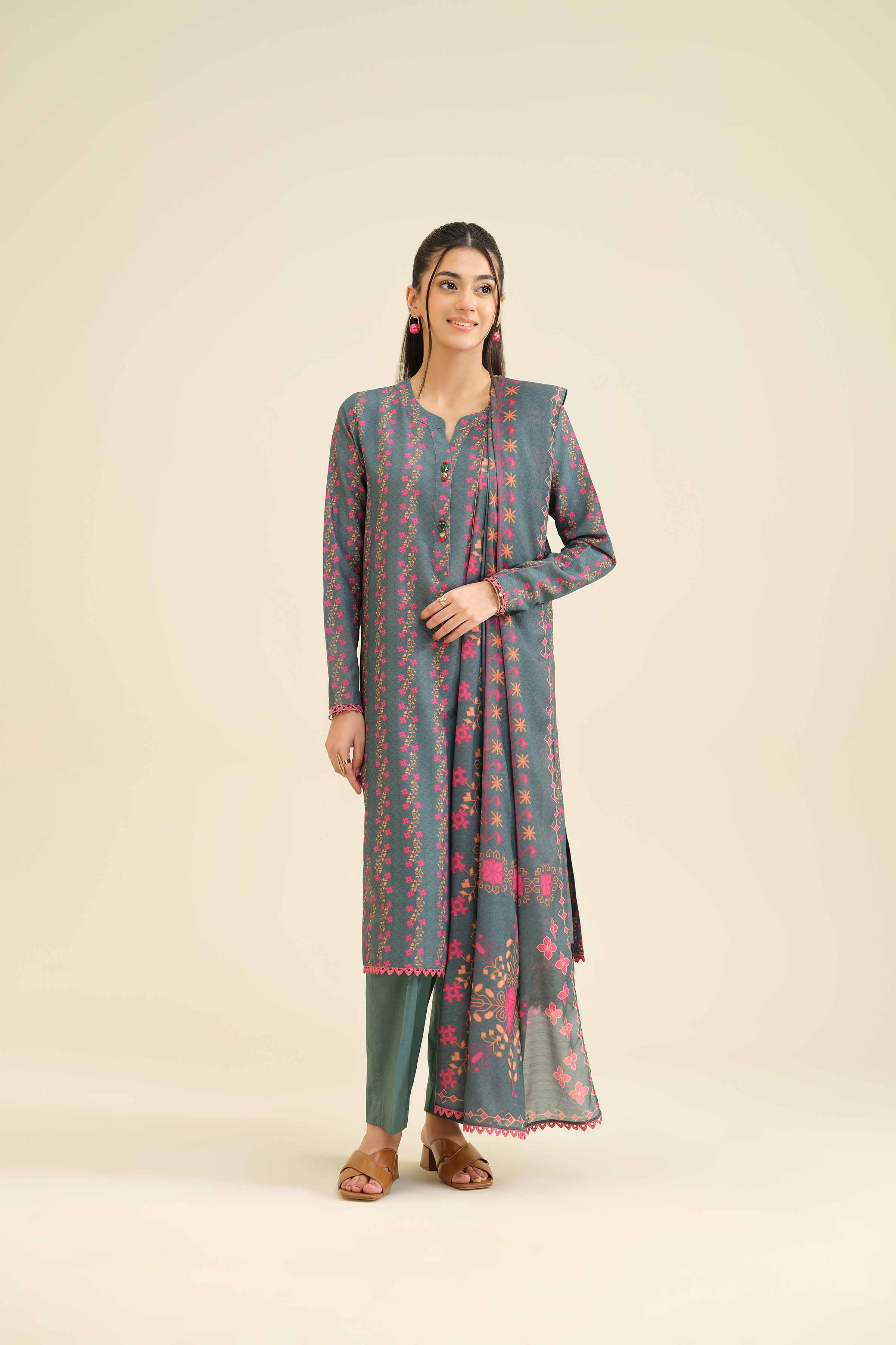 NishatUK - Green Printed Lawn 3-piece ready to wear Suit