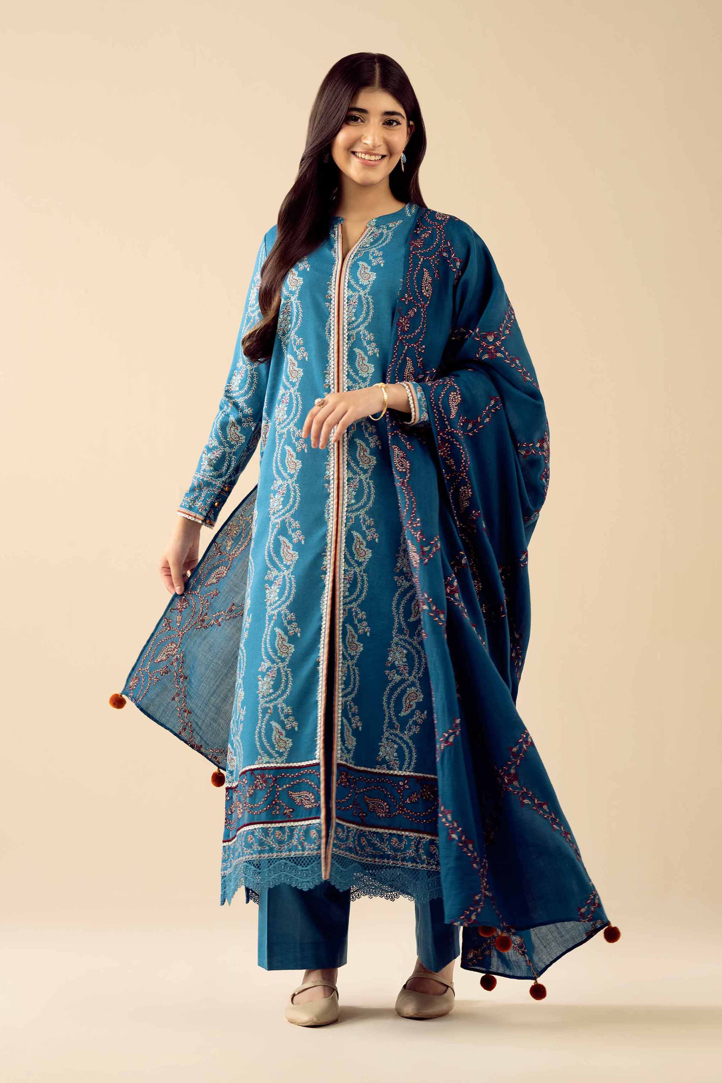 NishatUK - Blue Embroidered Karandi 3-piece ready to wear Suit