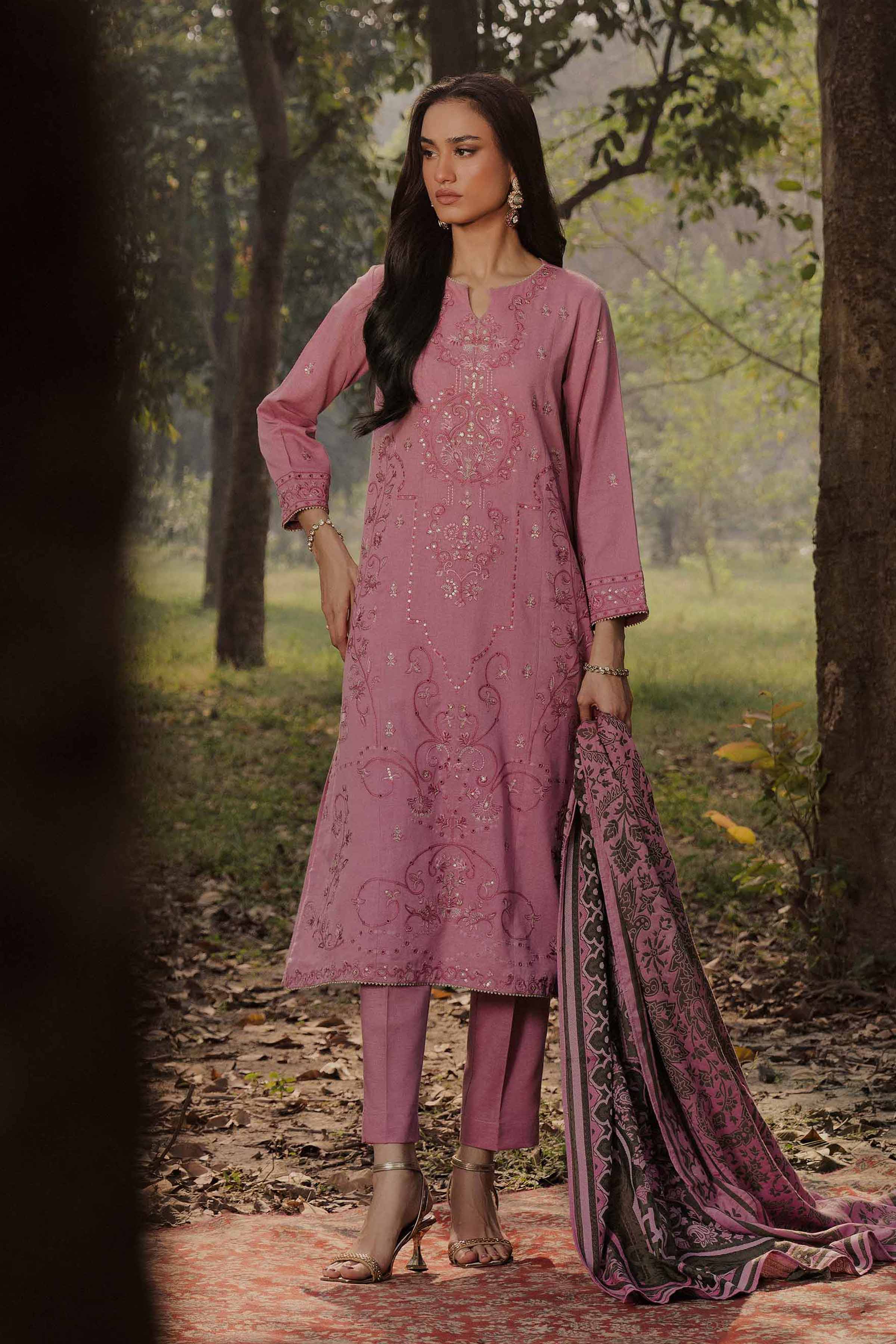 NishatUK - Pink Embroidered Karandi 3-piece ready to wear Suit